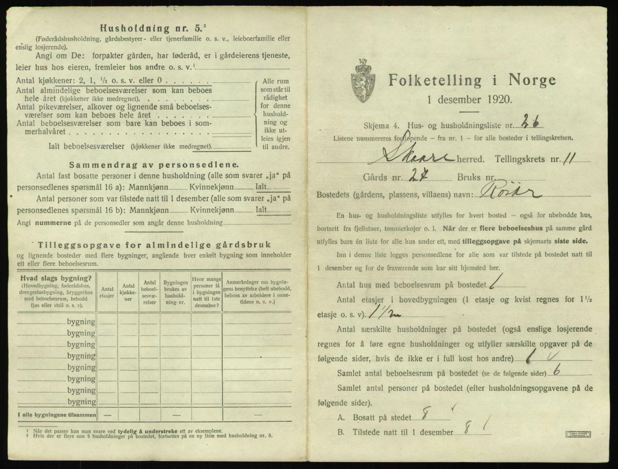 SAST, 1920 census for Skåre, 1920, p. 1084