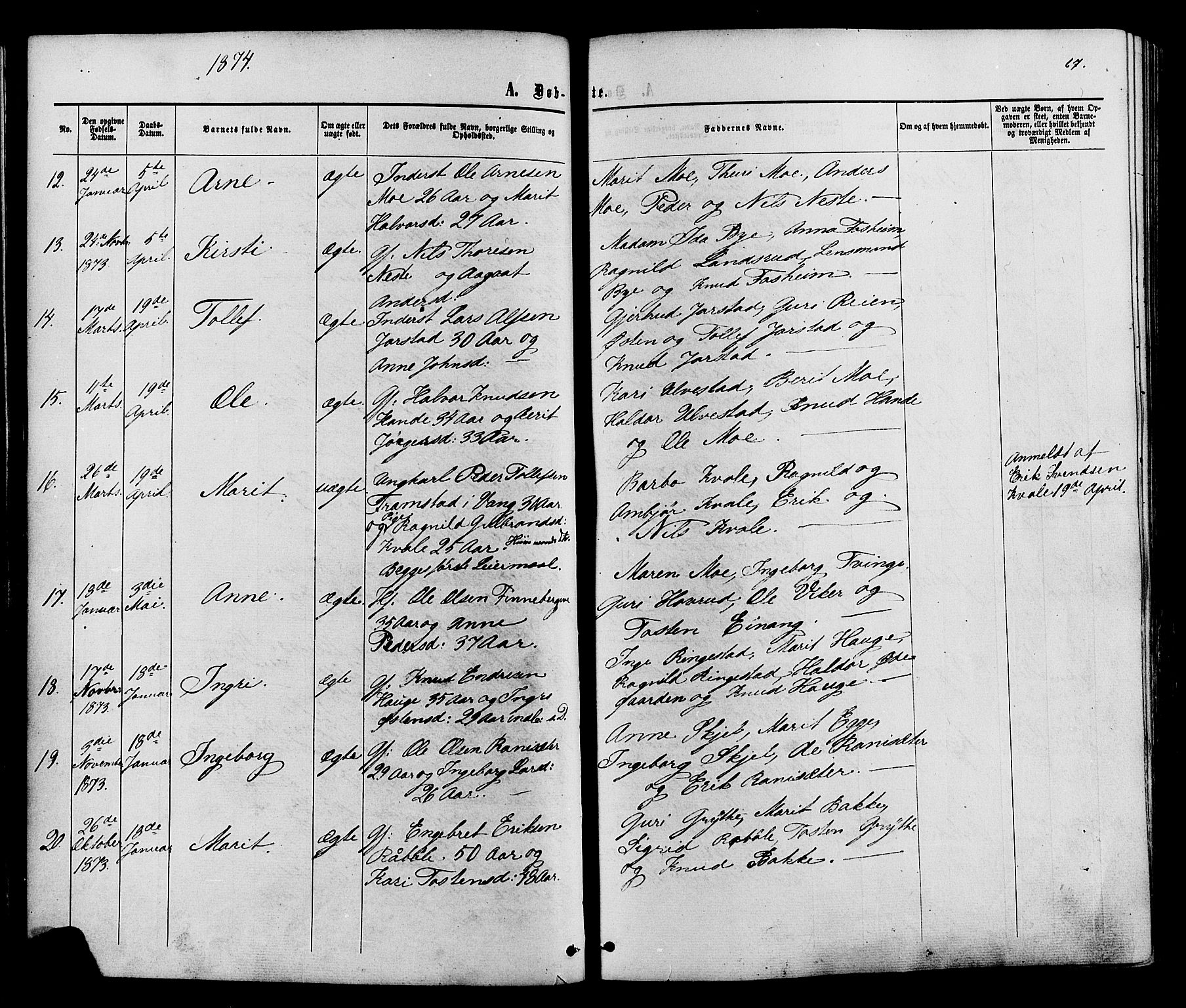 Vestre Slidre prestekontor, SAH/PREST-136/H/Ha/Haa/L0003: Parish register (official) no. 3, 1865-1880, p. 67
