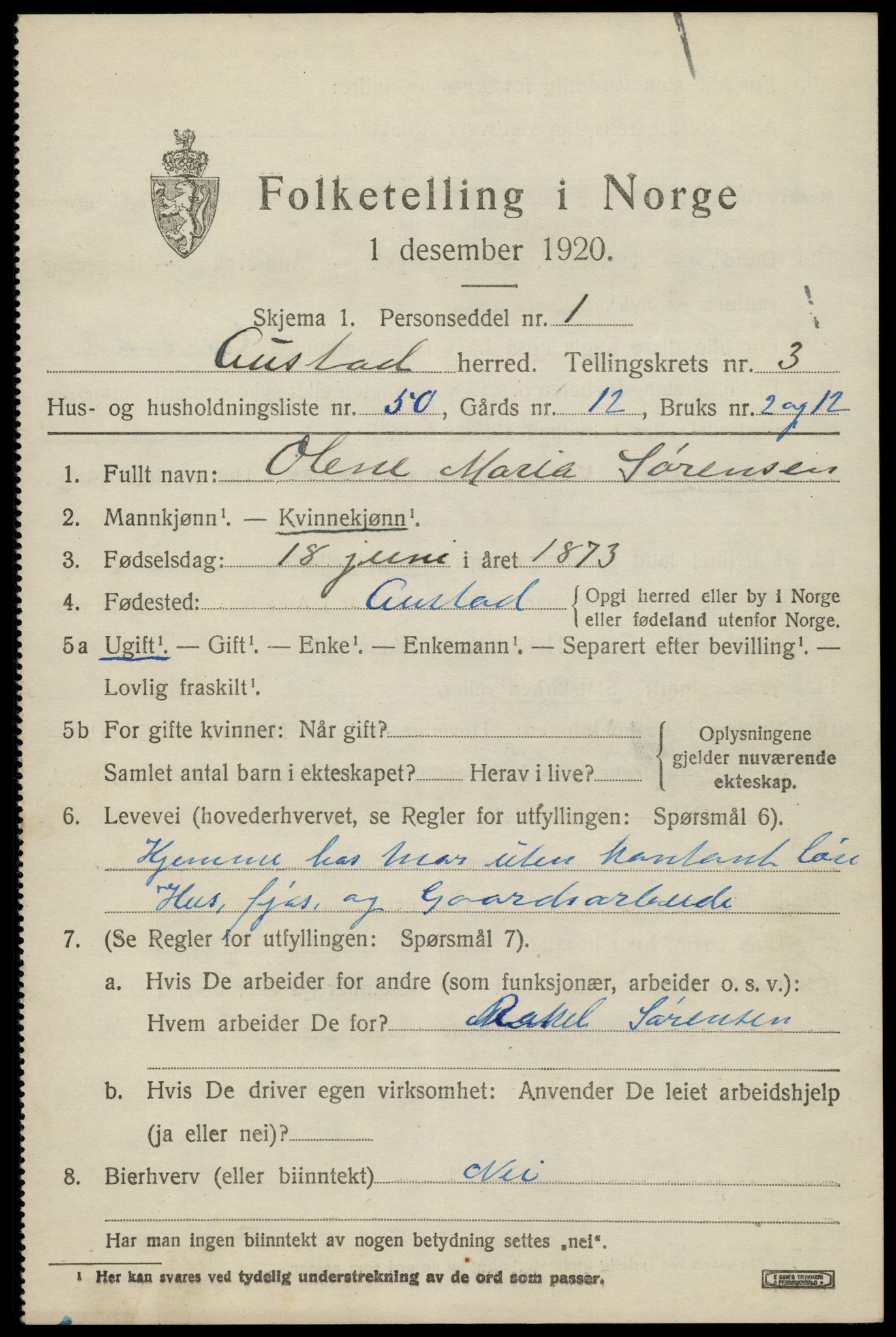 SAK, 1920 census for Austad, 1920, p. 1393