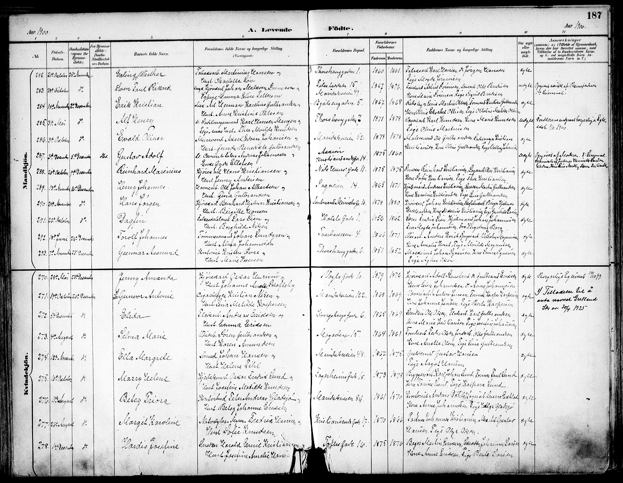 Sagene prestekontor Kirkebøker, SAO/A-10796/F/L0004: Parish register (official) no. 4, 1894-1904, p. 187