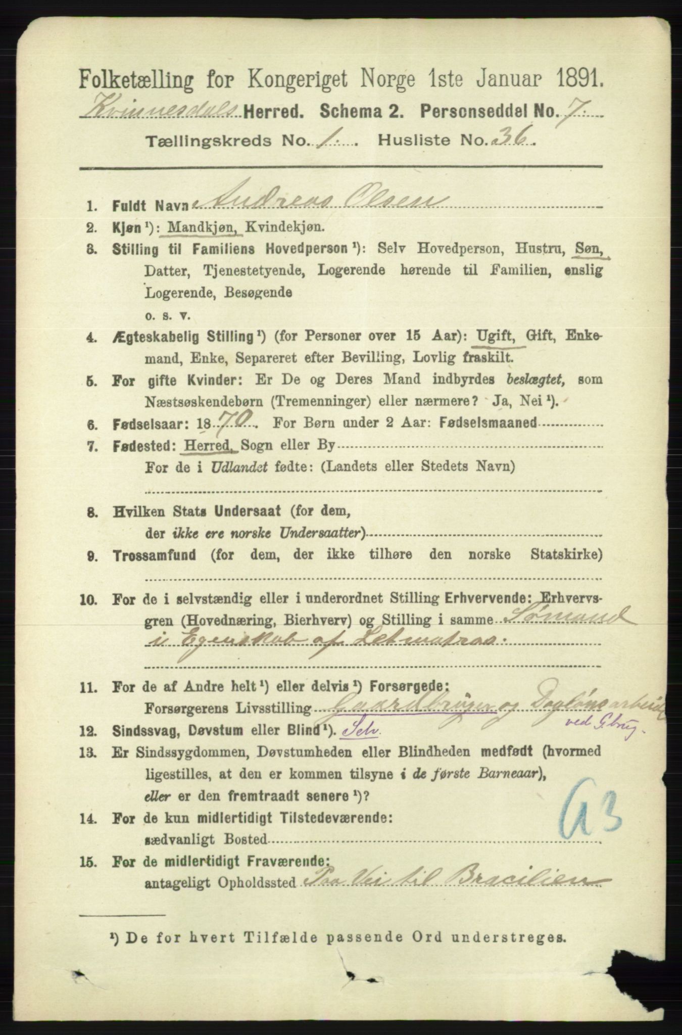 RA, 1891 census for 1037 Kvinesdal, 1891, p. 254