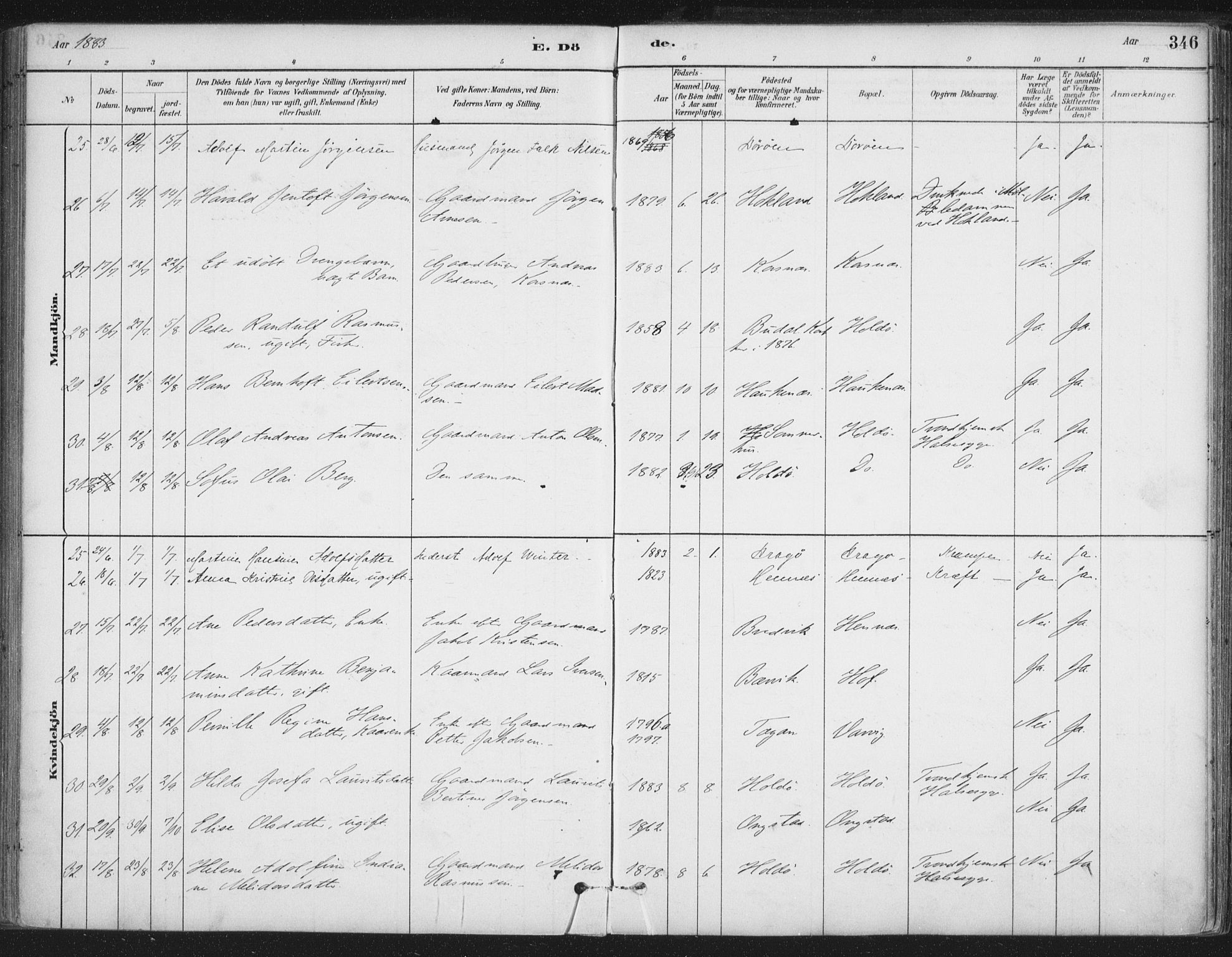 Ministerialprotokoller, klokkerbøker og fødselsregistre - Nordland, AV/SAT-A-1459/888/L1244: Parish register (official) no. 888A10, 1880-1890, p. 346