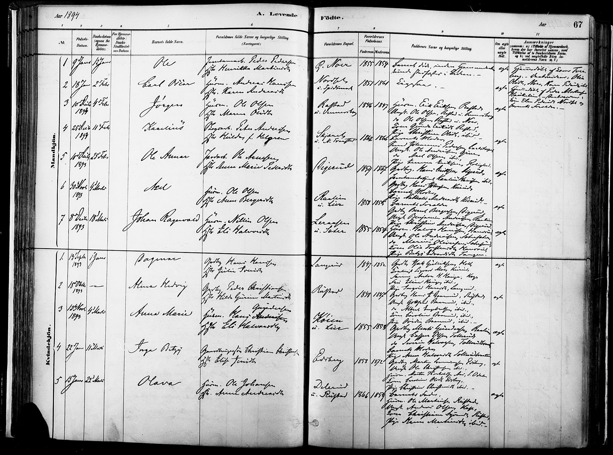 Vinger prestekontor, SAH/PREST-024/H/Ha/Haa/L0014: Parish register (official) no. 14, 1881-1900, p. 67