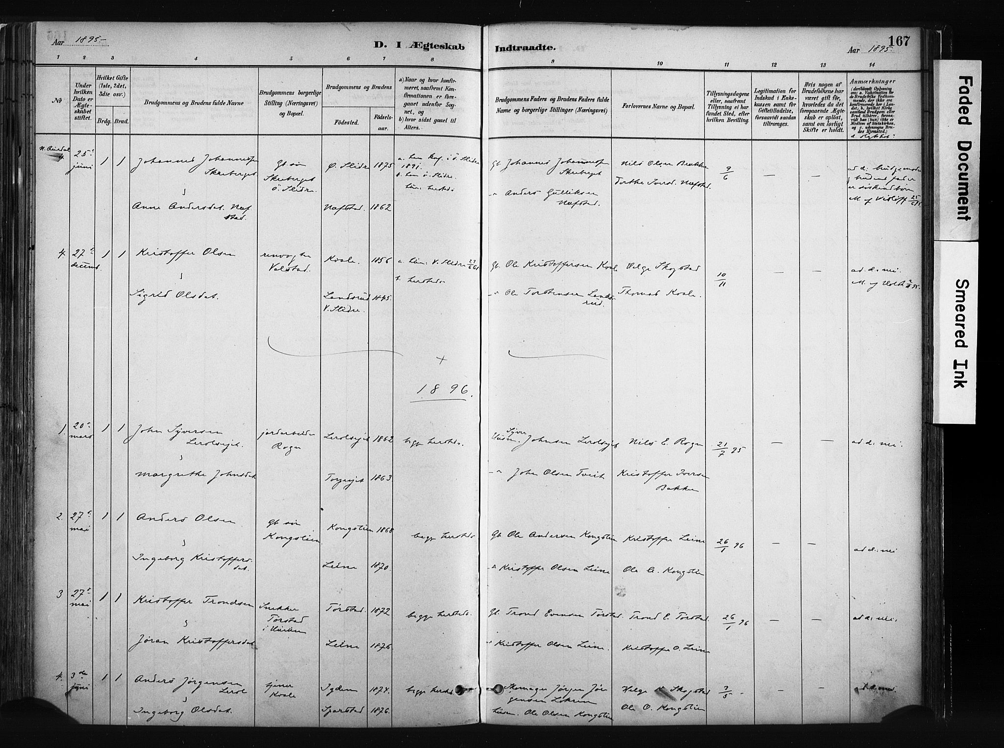 Vang prestekontor, Valdres, SAH/PREST-140/H/Ha/L0008: Parish register (official) no. 8, 1882-1910, p. 167