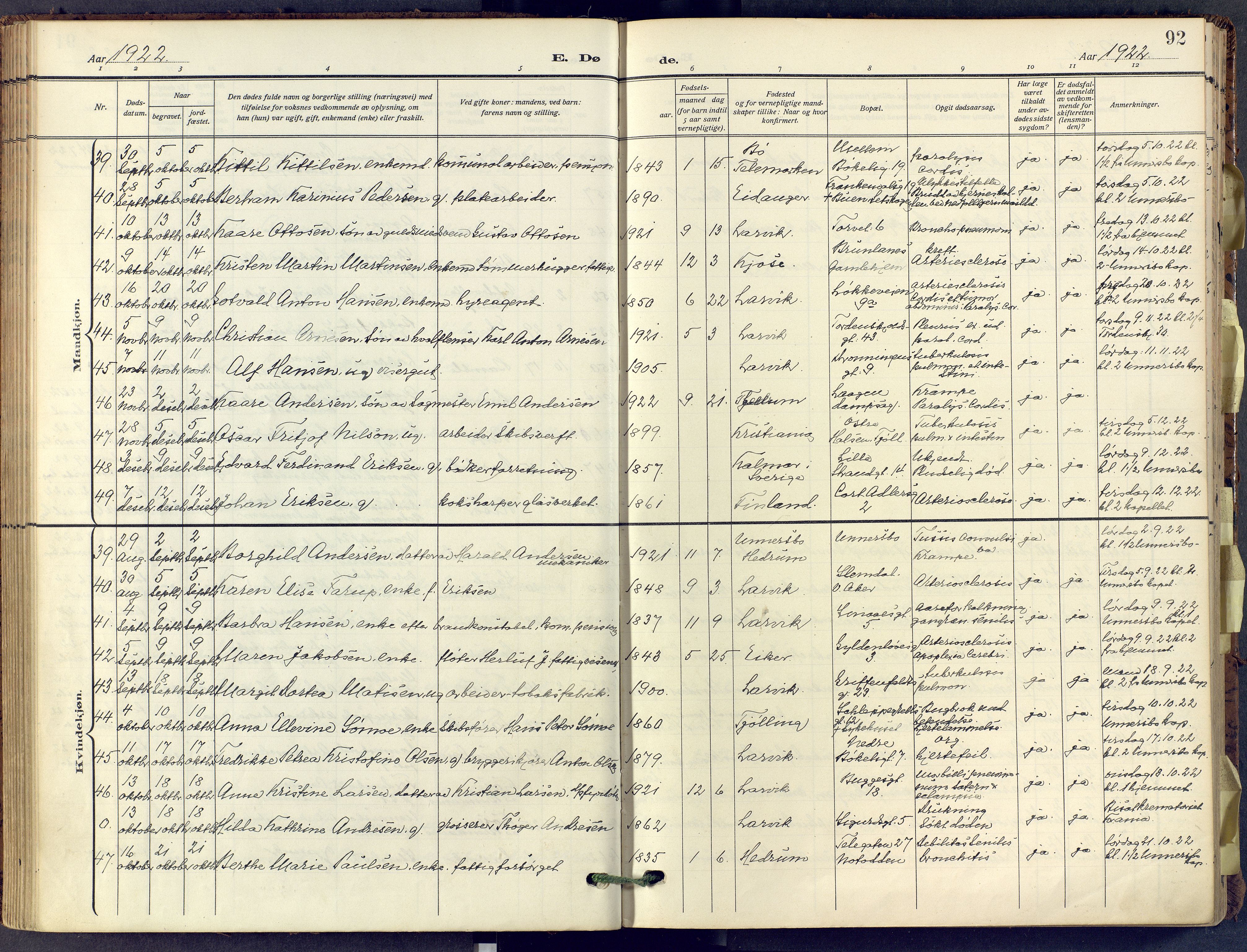 Larvik kirkebøker, SAKO/A-352/F/Fa/L0013: Parish register (official) no. I 13, 1910-1960, p. 92