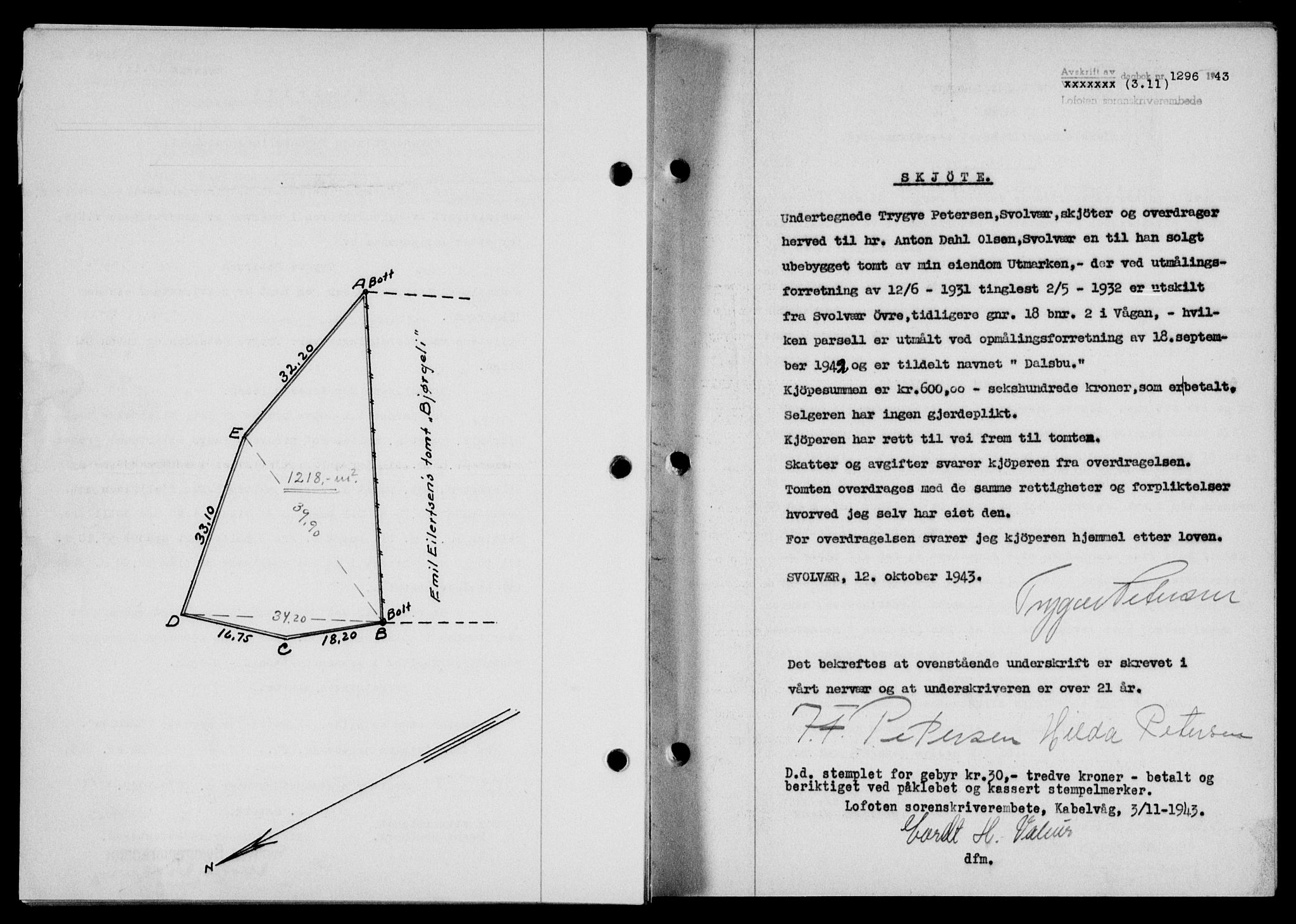 Lofoten sorenskriveri, SAT/A-0017/1/2/2C/L0011a: Mortgage book no. 11a, 1943-1943, Diary no: : 1296/1943