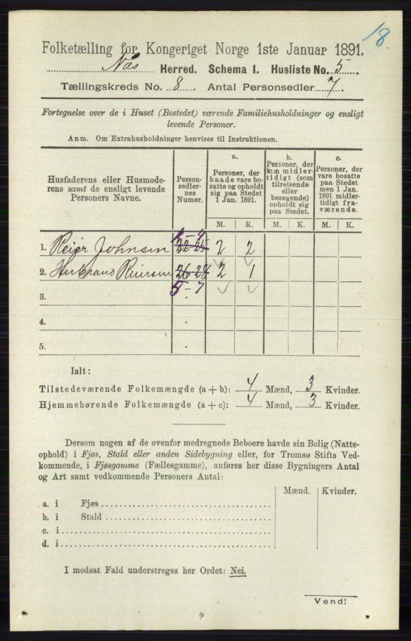 RA, 1891 census for 0616 Nes, 1891, p. 4052