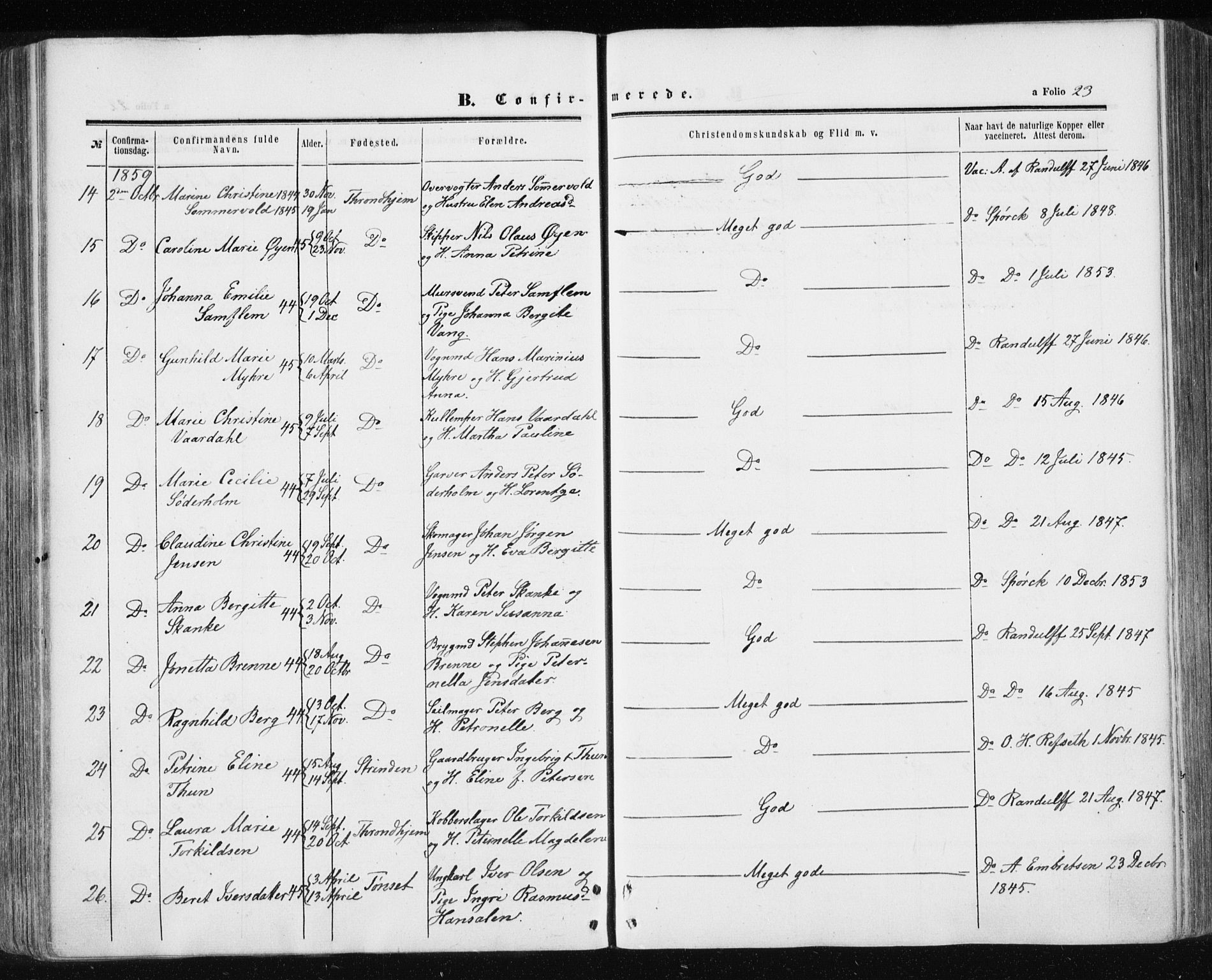 Ministerialprotokoller, klokkerbøker og fødselsregistre - Sør-Trøndelag, SAT/A-1456/601/L0053: Parish register (official) no. 601A21, 1857-1865, p. 23