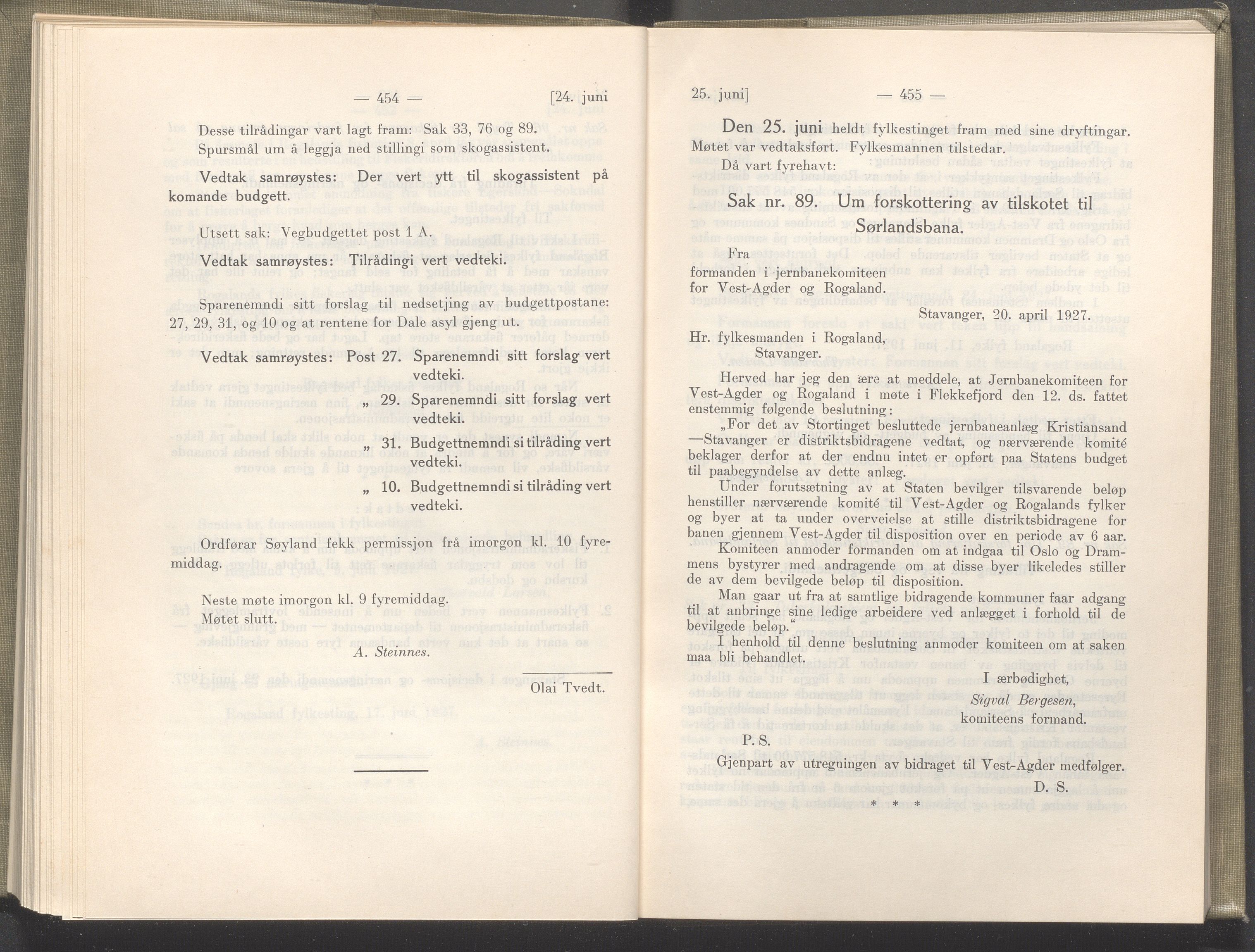 Rogaland fylkeskommune - Fylkesrådmannen , IKAR/A-900/A/Aa/Aaa/L0046: Møtebok , 1927, p. 454-455