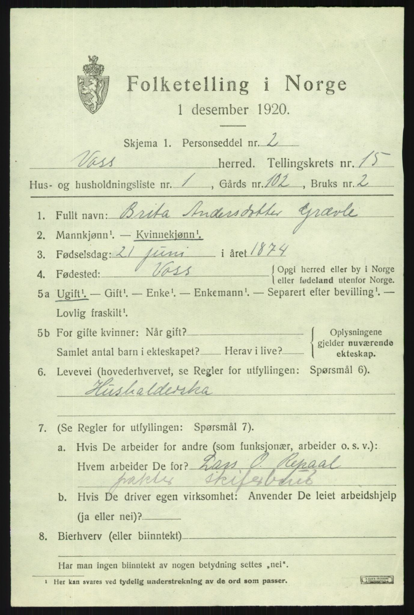 SAB, 1920 census for Voss, 1920, p. 12499