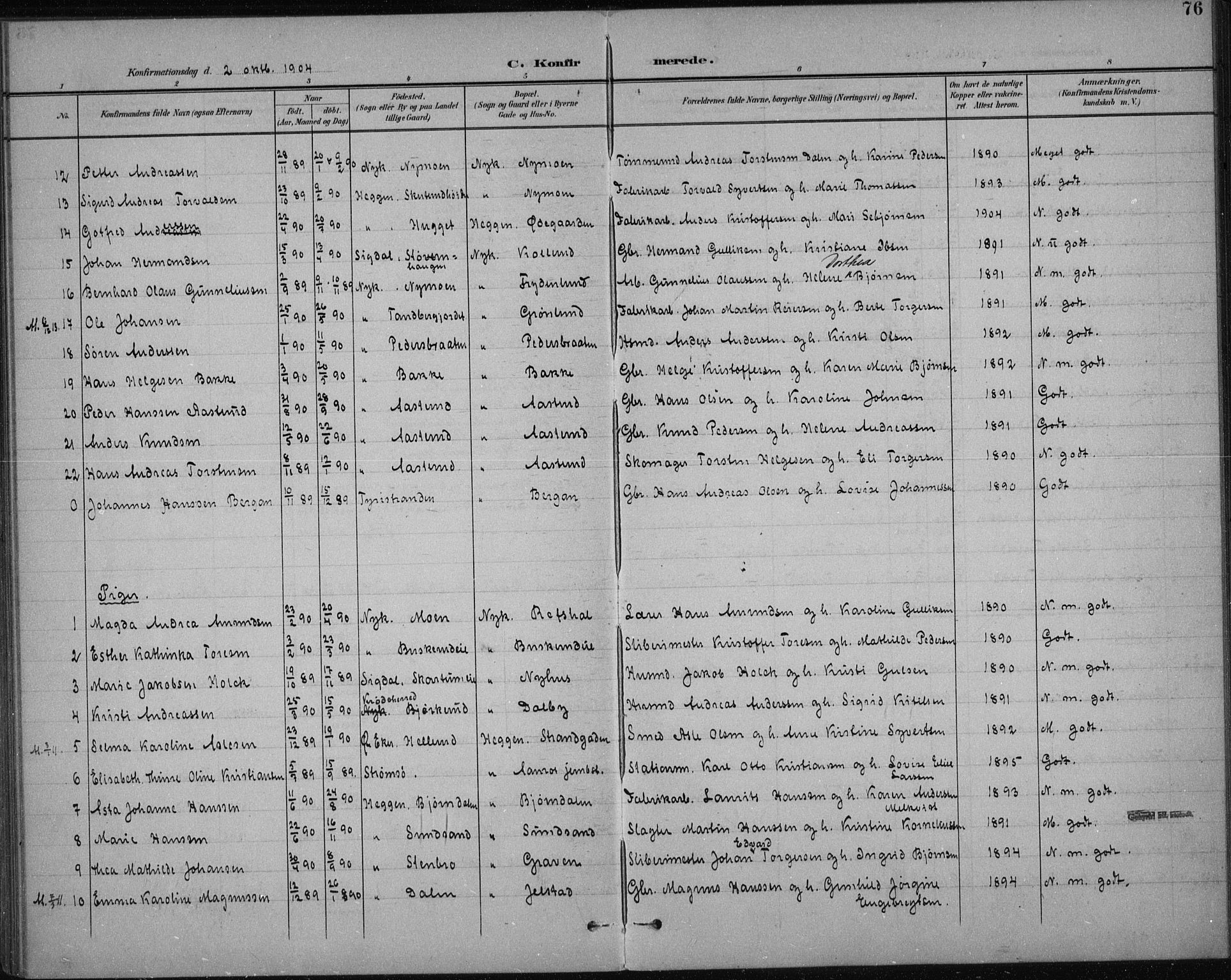Modum kirkebøker, SAKO/A-234/F/Fa/L0017: Parish register (official) no. 17, 1900-1915, p. 76