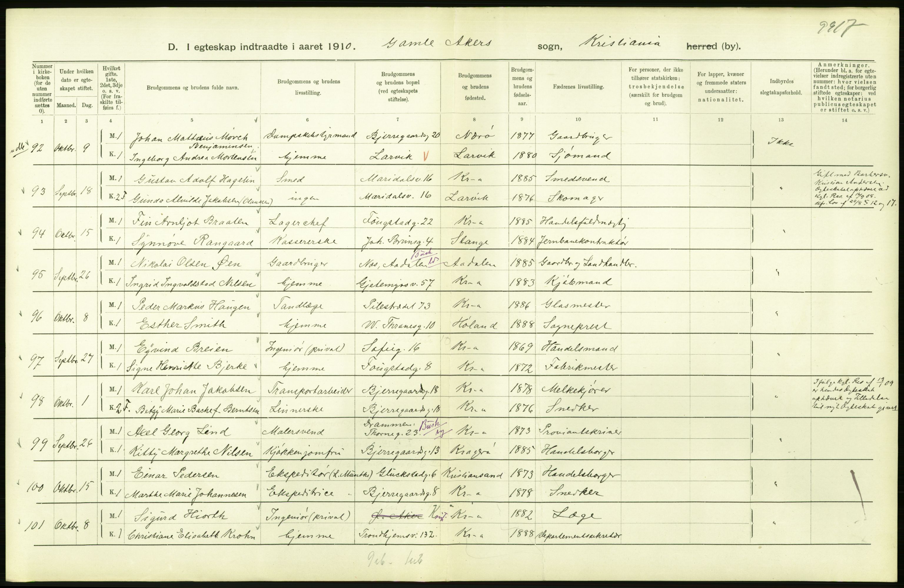 Statistisk sentralbyrå, Sosiodemografiske emner, Befolkning, AV/RA-S-2228/D/Df/Dfa/Dfah/L0009: Kristiania: Gifte og dødfødte., 1910, p. 438