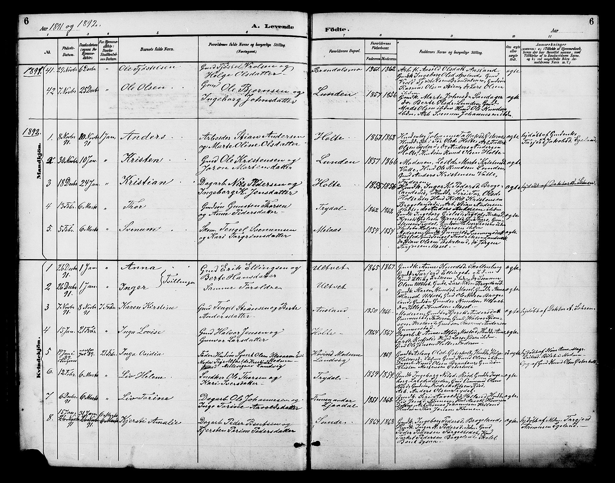 Gjerstad sokneprestkontor, SAK/1111-0014/F/Fb/Fba/L0007: Parish register (copy) no. B 7, 1891-1908, p. 6