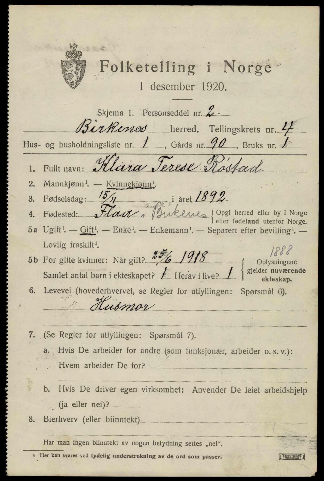 SAK, 1920 census for Birkenes, 1920, p. 1765