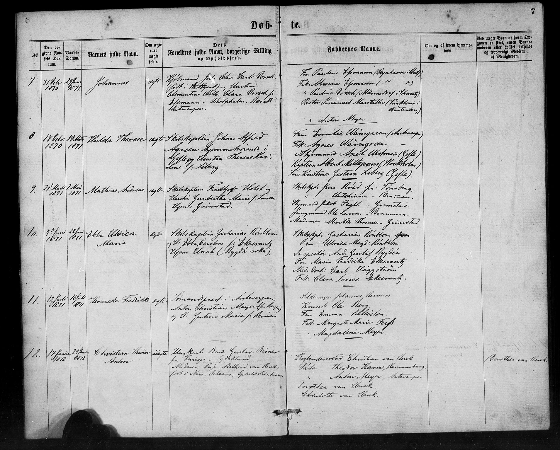 Den norske sjømannsmisjon i utlandet/Antwerpen, SAB/SAB/PA-0105/H/Ha/L0001: Parish register (official) no. A 1, 1865-1887, p. 7