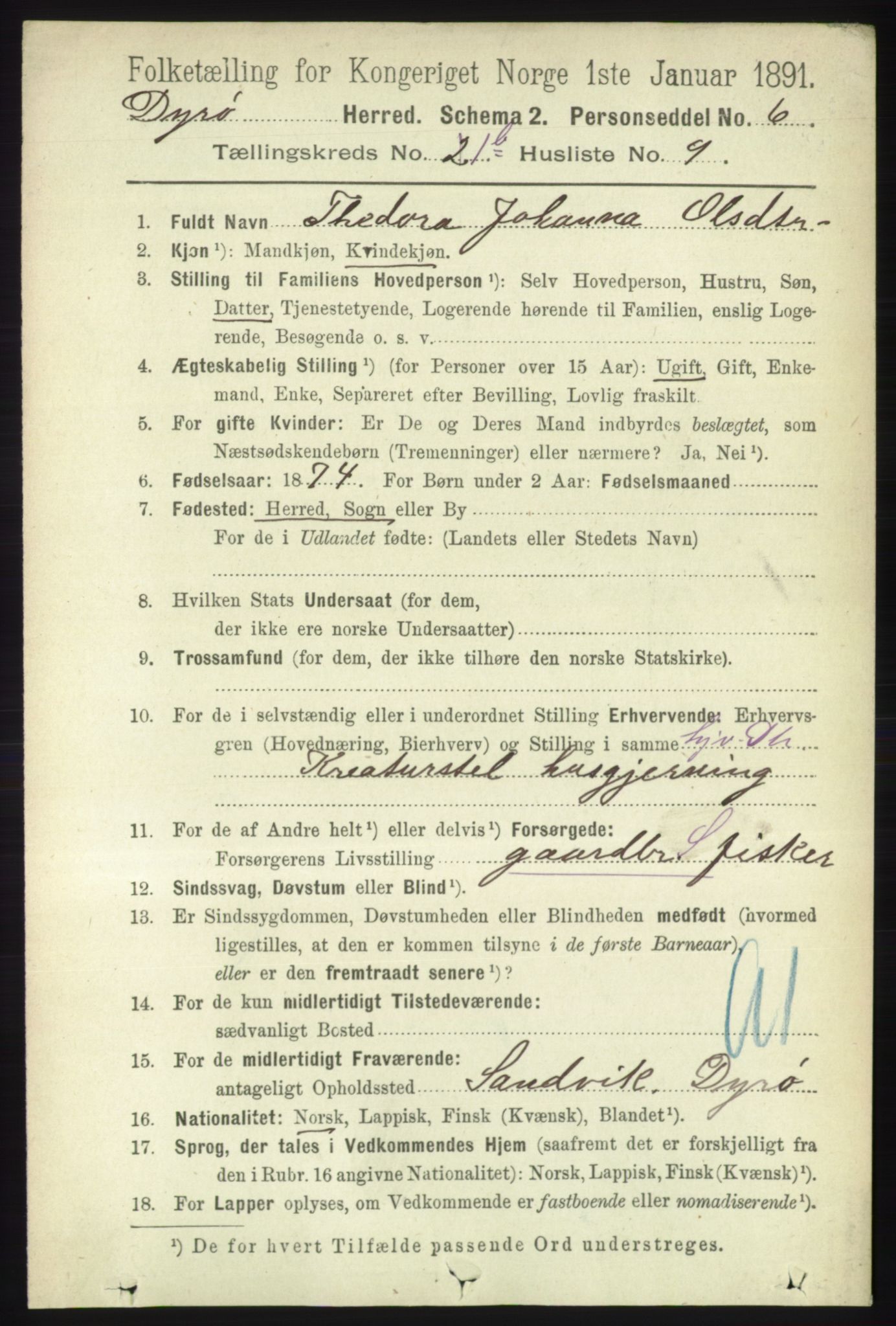 RA, 1891 census for 1926 Dyrøy, 1891, p. 449