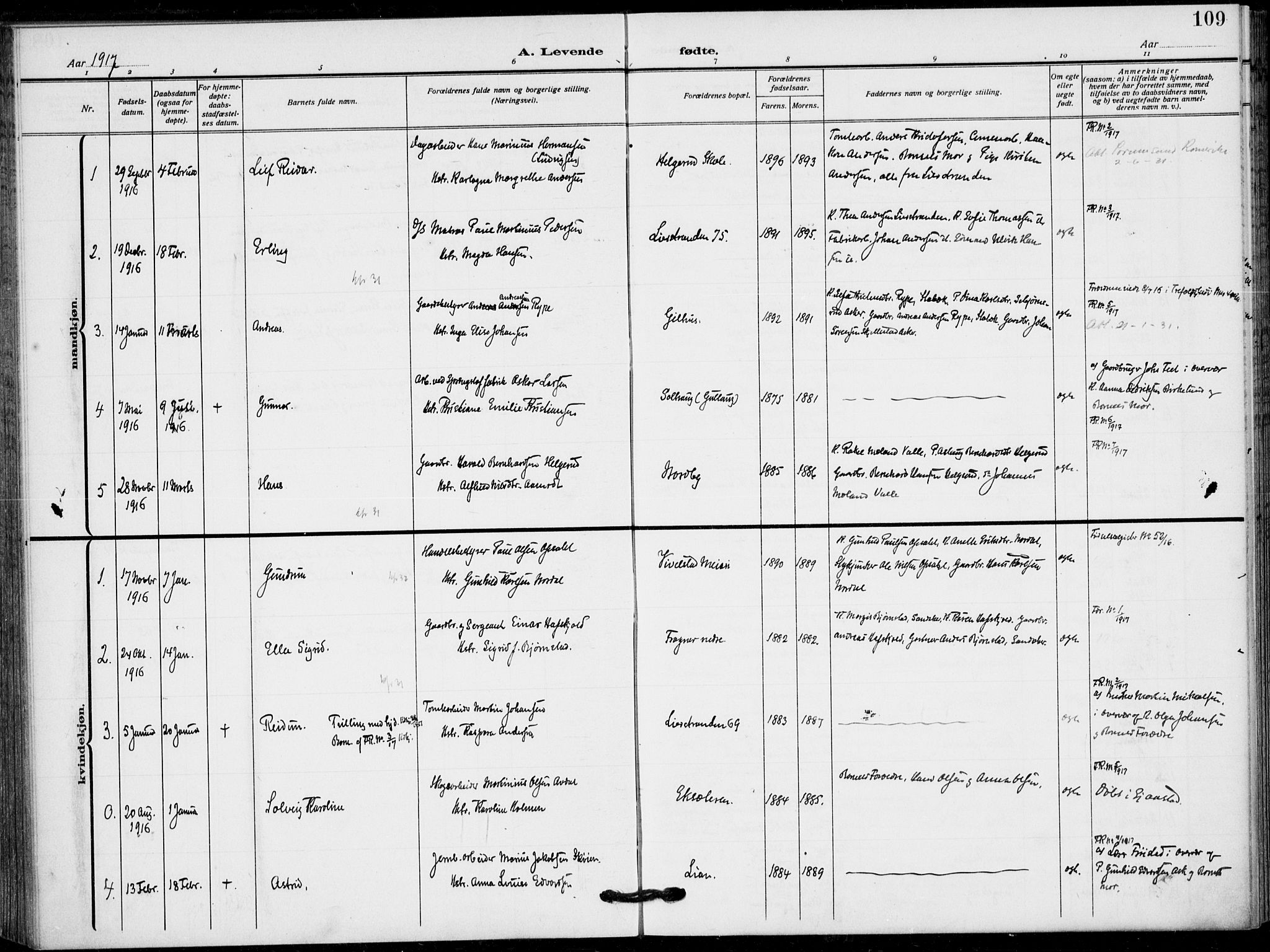 Lier kirkebøker, SAKO/A-230/F/Fa/L0018: Parish register (official) no. I 18, 1909-1917, p. 109