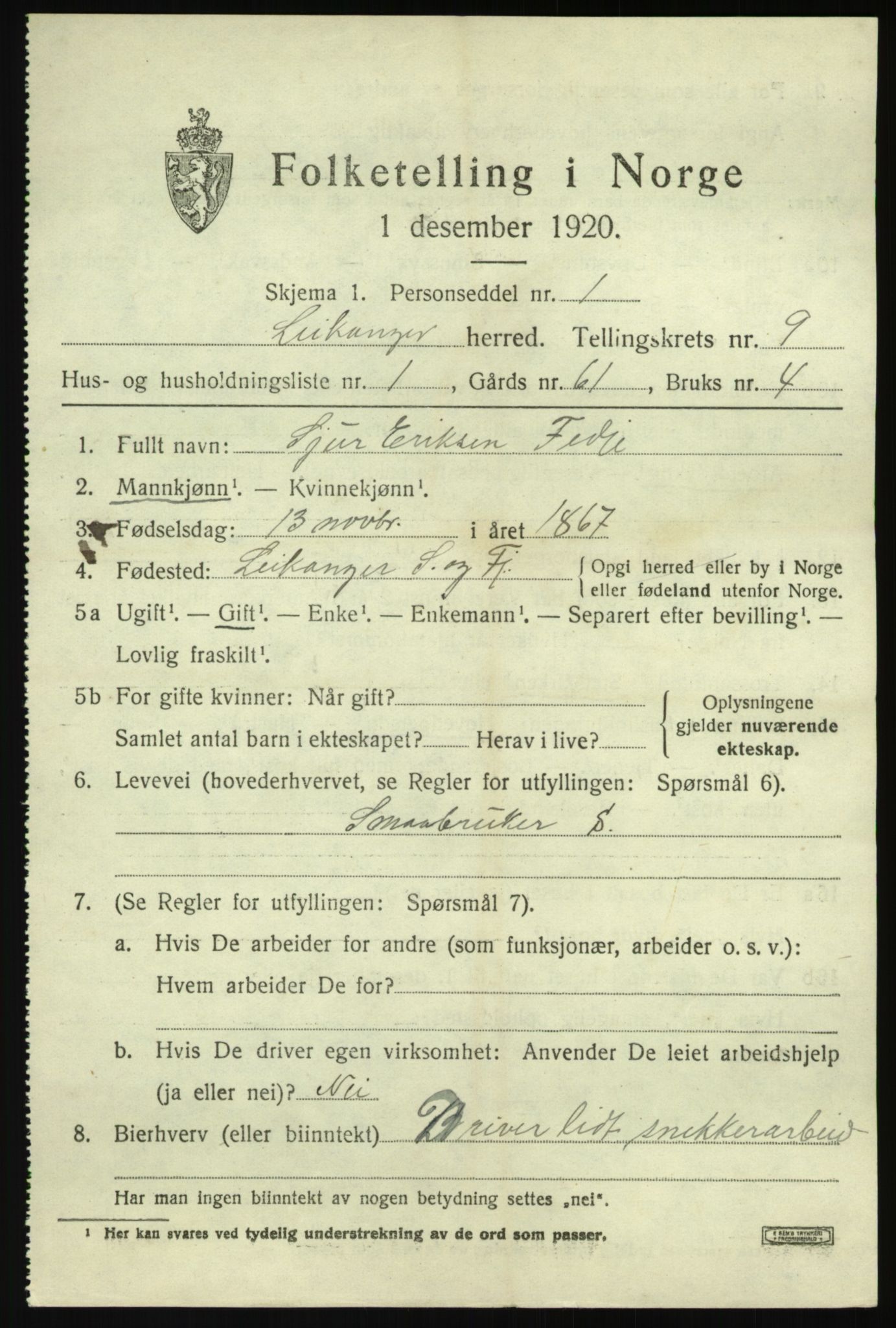 SAB, 1920 census for Leikanger, 1920, p. 5508