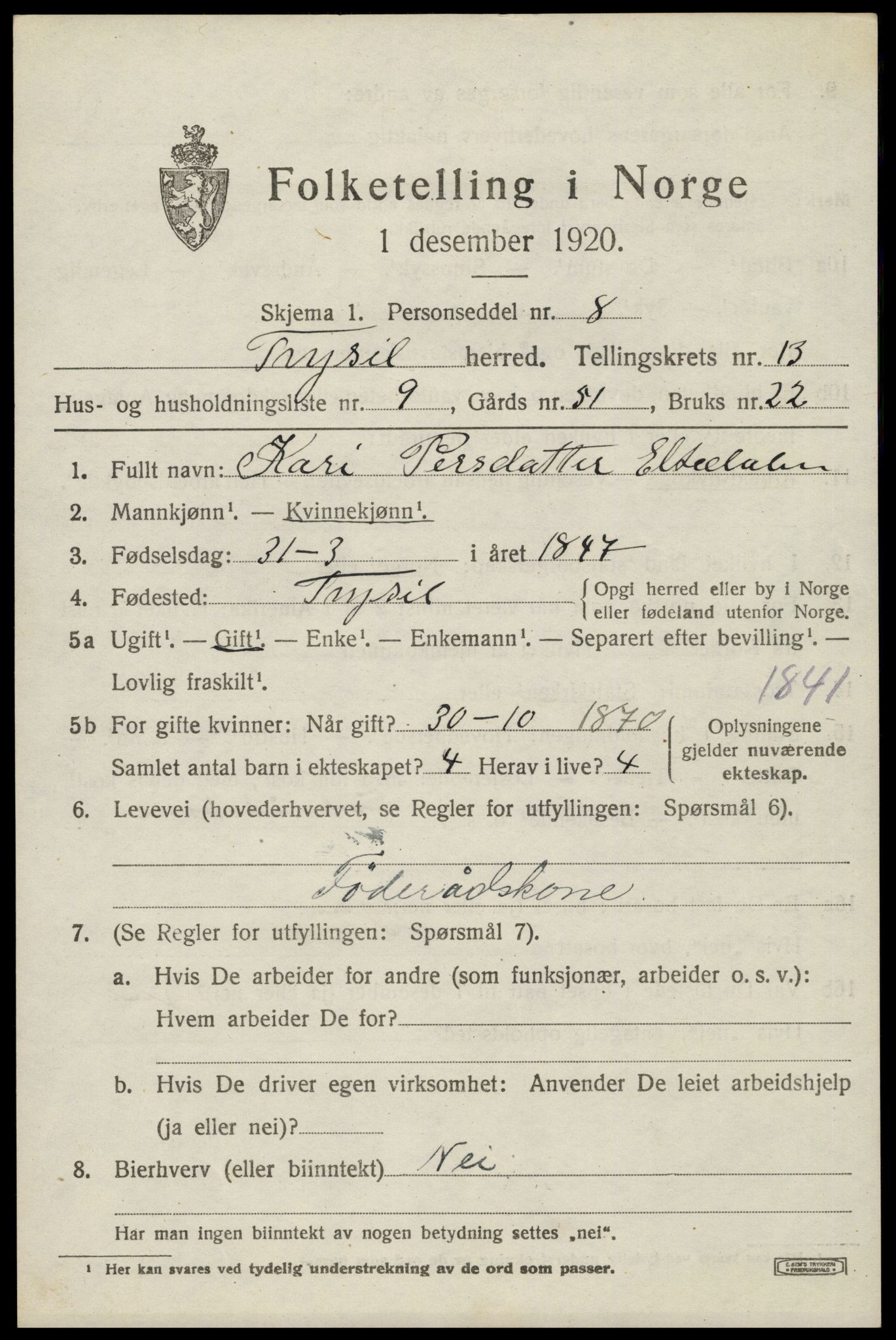 SAH, 1920 census for Trysil, 1920, p. 7749