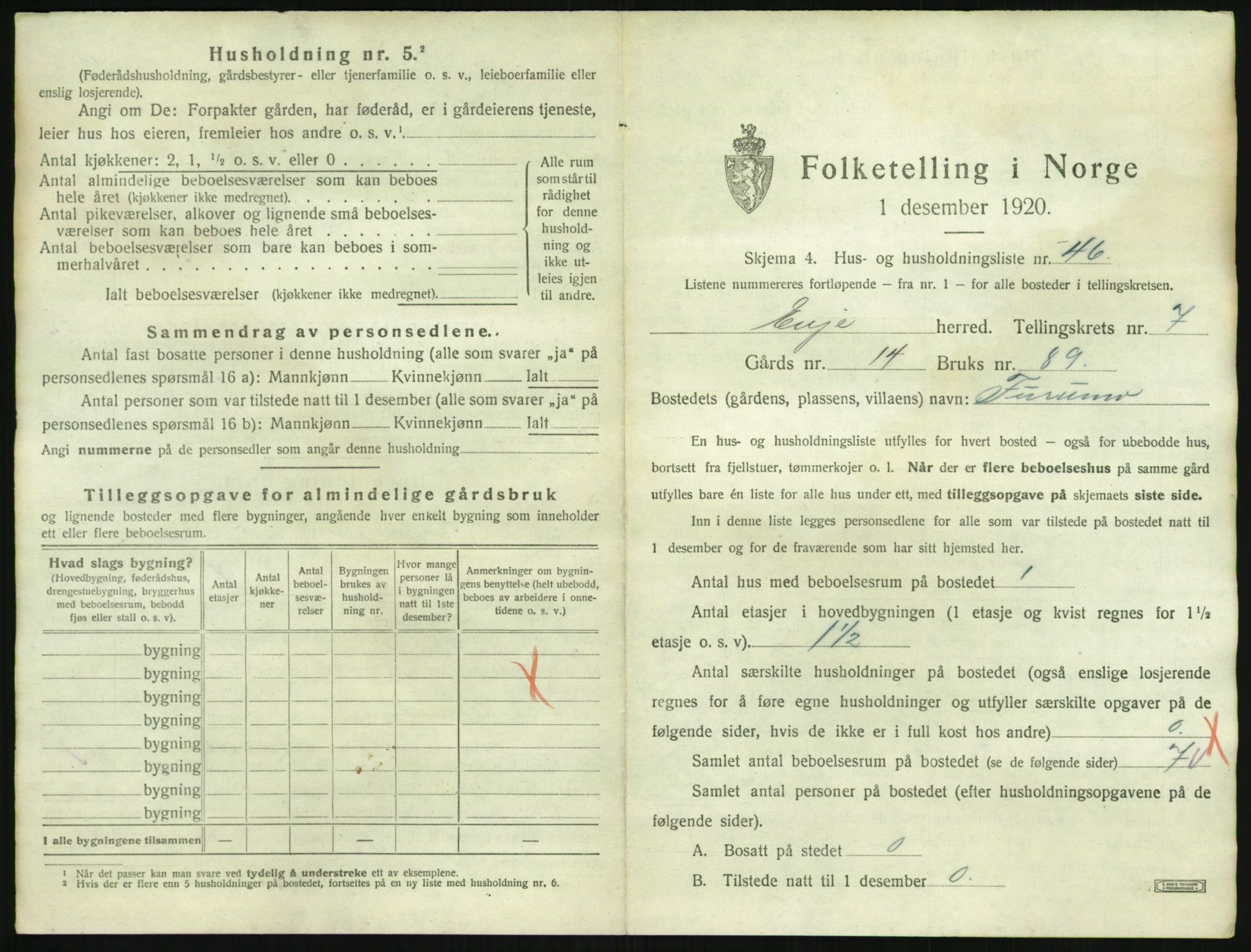 SAK, 1920 census for Evje, 1920, p. 432