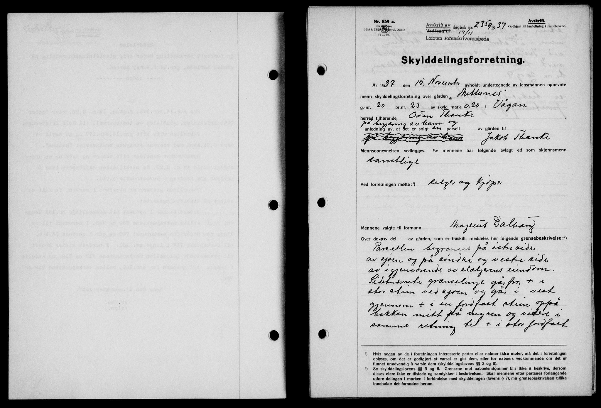 Lofoten sorenskriveri, SAT/A-0017/1/2/2C/L0003a: Mortgage book no. 3a, 1937-1938, Diary no: : 2359/1937