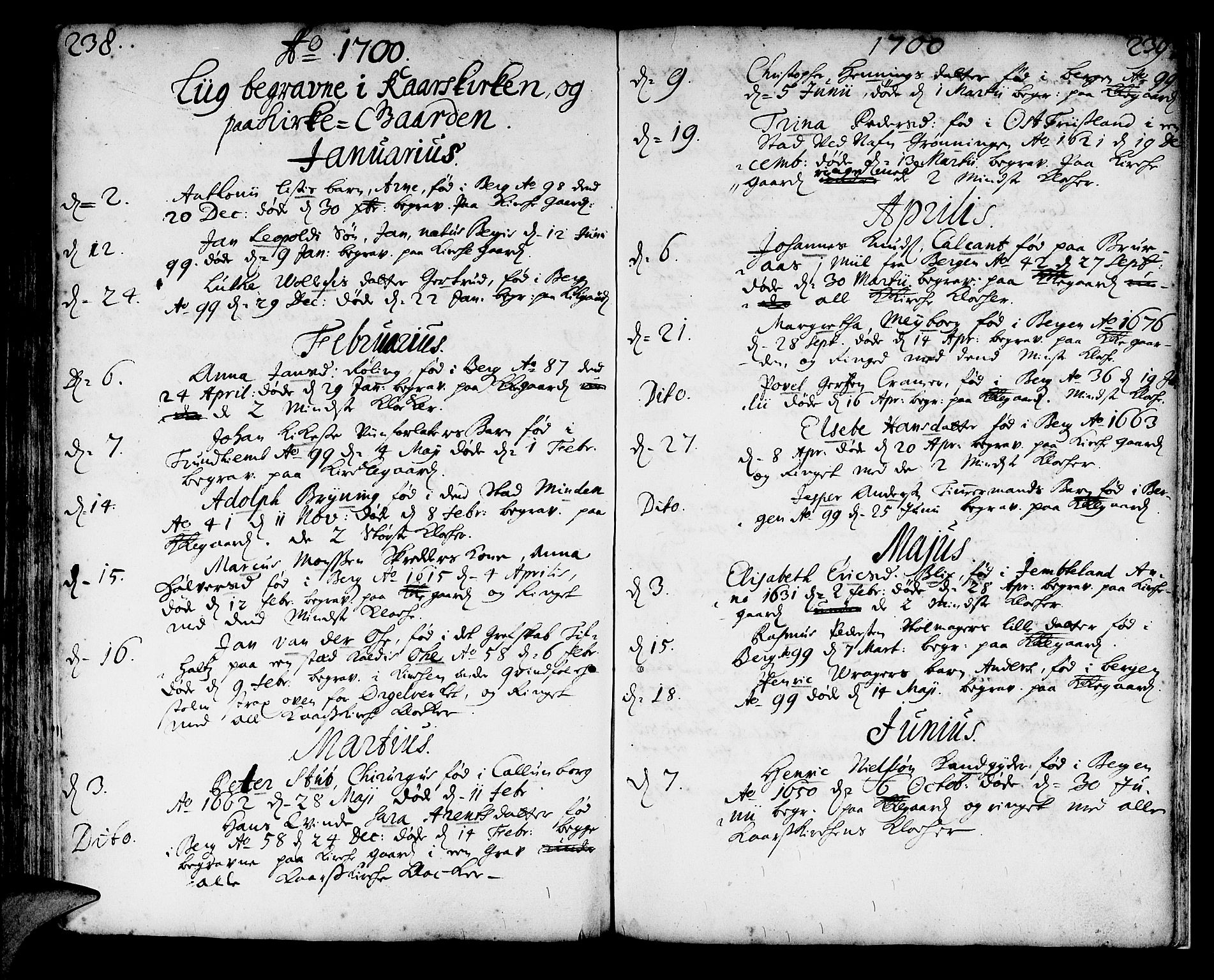 Korskirken sokneprestembete, SAB/A-76101/H/Haa/L0010: Parish register (official) no. A 10, 1688-1703, p. 238-239
