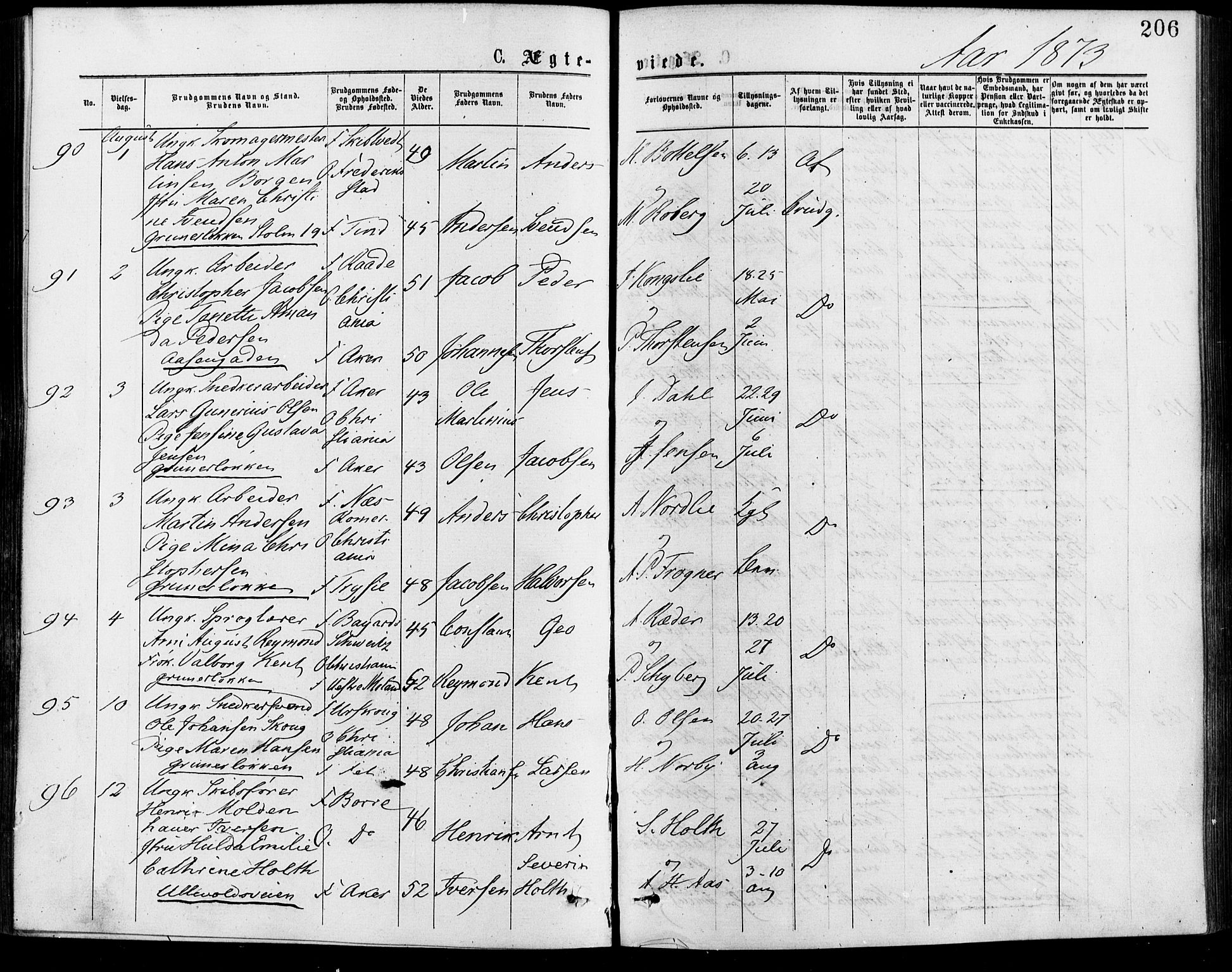 Gamle Aker prestekontor Kirkebøker, SAO/A-10617a/F/L0005: Parish register (official) no. 5, 1873-1881, p. 206