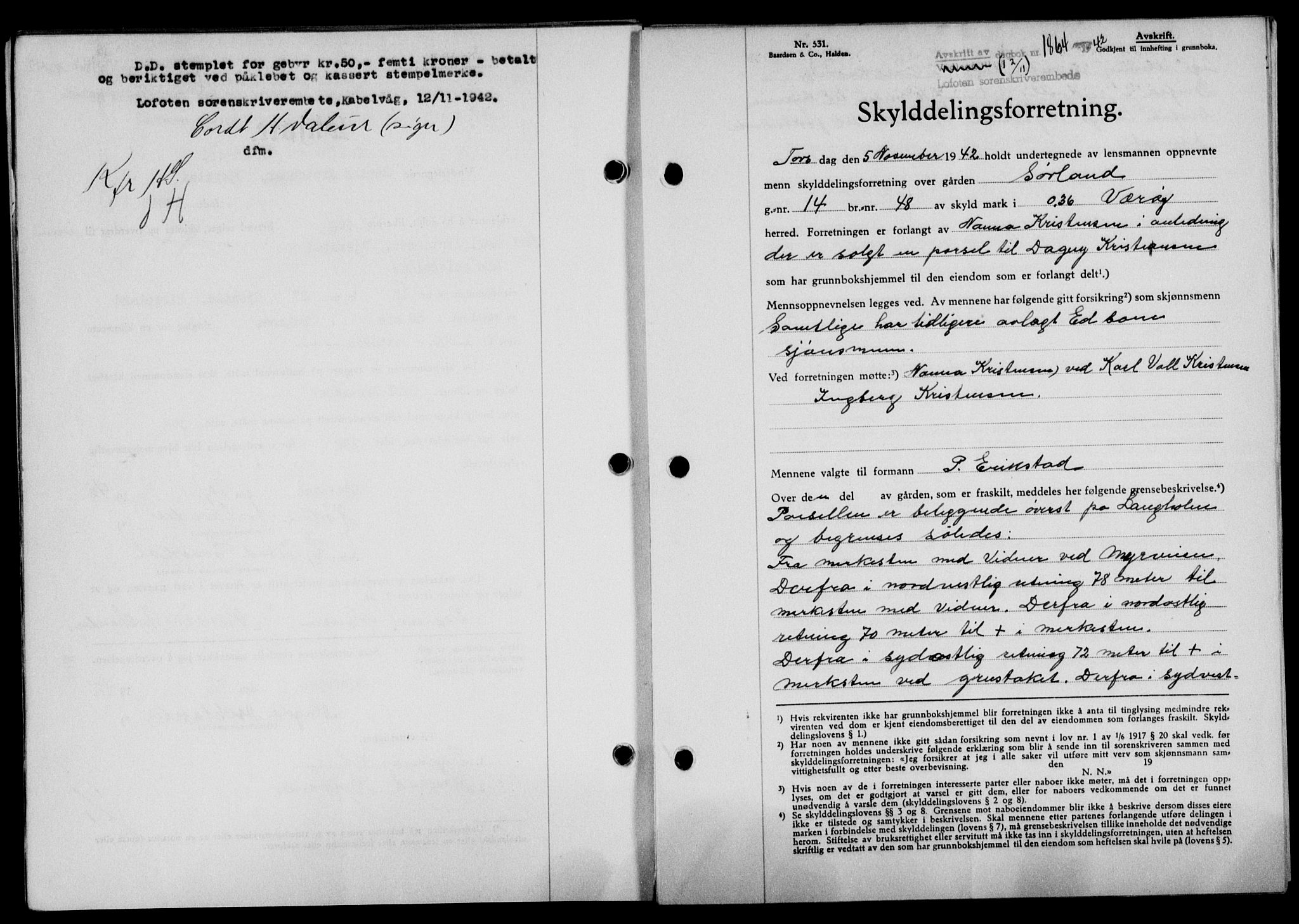 Lofoten sorenskriveri, SAT/A-0017/1/2/2C/L0010a: Mortgage book no. 10a, 1942-1943, Diary no: : 1864/1942