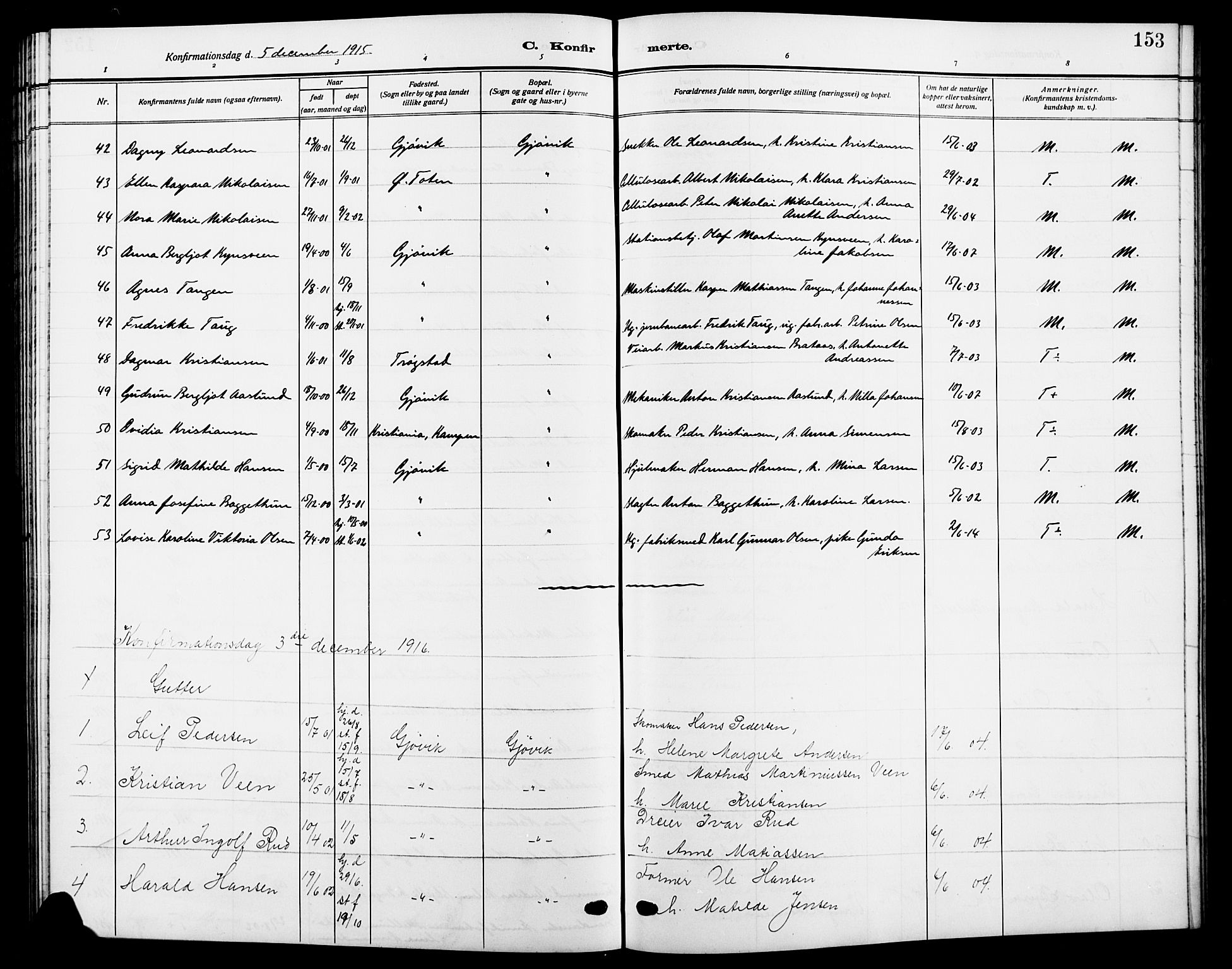 Vardal prestekontor, AV/SAH-PREST-100/H/Ha/Hab/L0014: Parish register (copy) no. 14, 1911-1922, p. 153