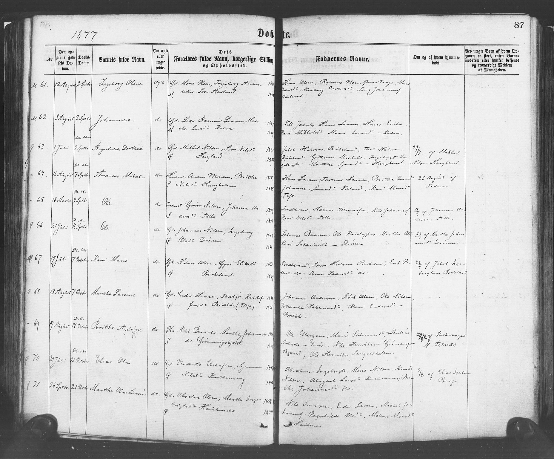 Sund sokneprestembete, AV/SAB-A-99930: Parish register (official) no. A 15, 1867-1881, p. 87