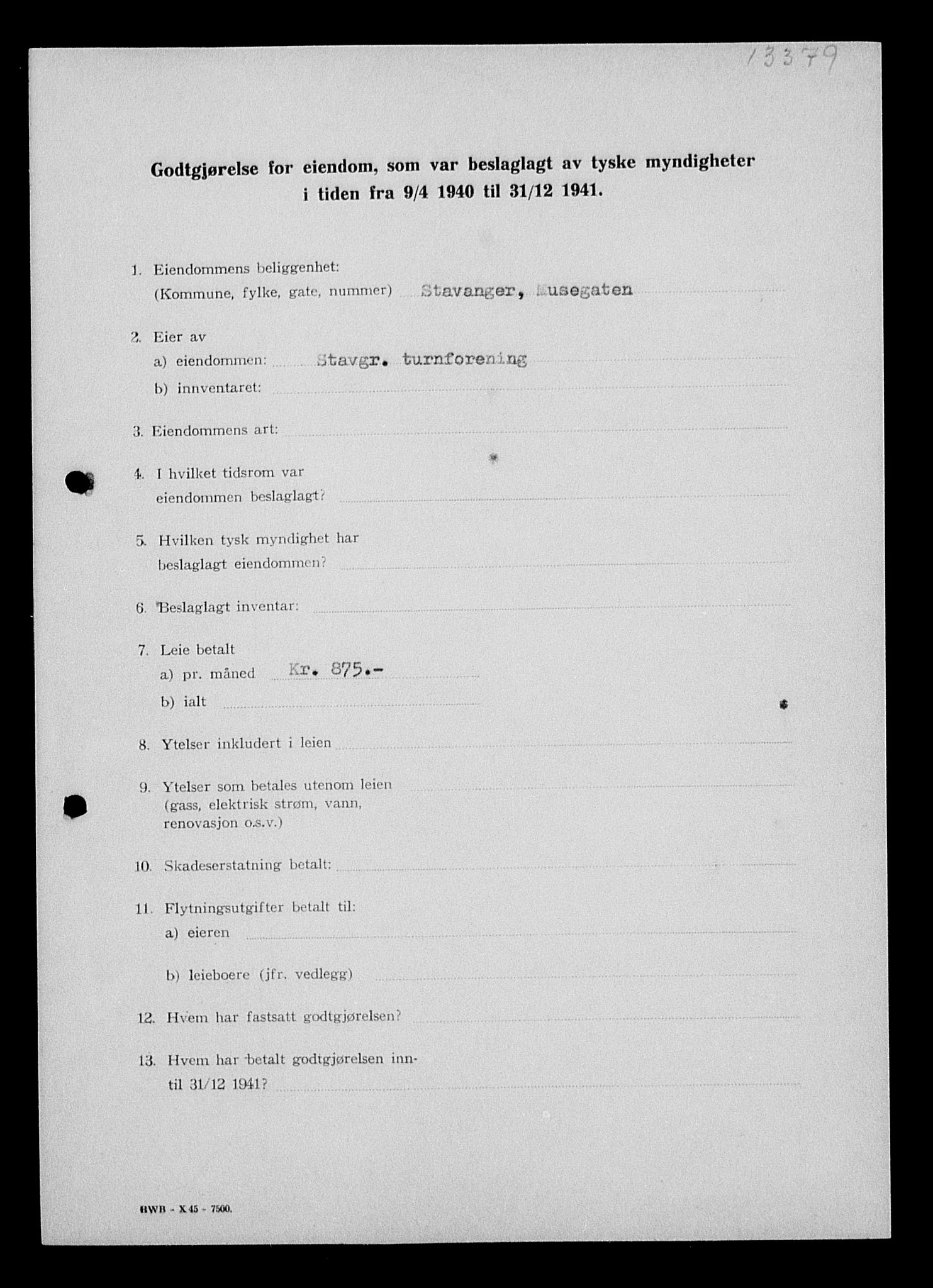 Justisdepartementet, Tilbakeføringskontoret for inndratte formuer, AV/RA-S-1564/I/L1014: Godtgjørelse for beslaglagt eiendom, 1940-1941, p. 133