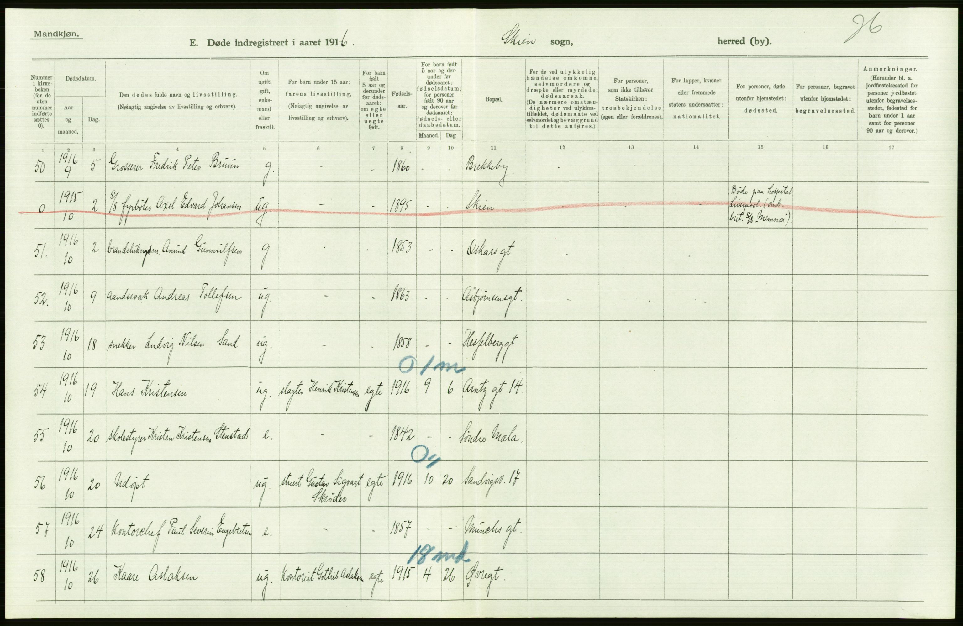 Statistisk sentralbyrå, Sosiodemografiske emner, Befolkning, RA/S-2228/D/Df/Dfb/Dfbf/L0024: Bratsberg amt: Døde, dødfødte. Bygder og byer., 1916, p. 148