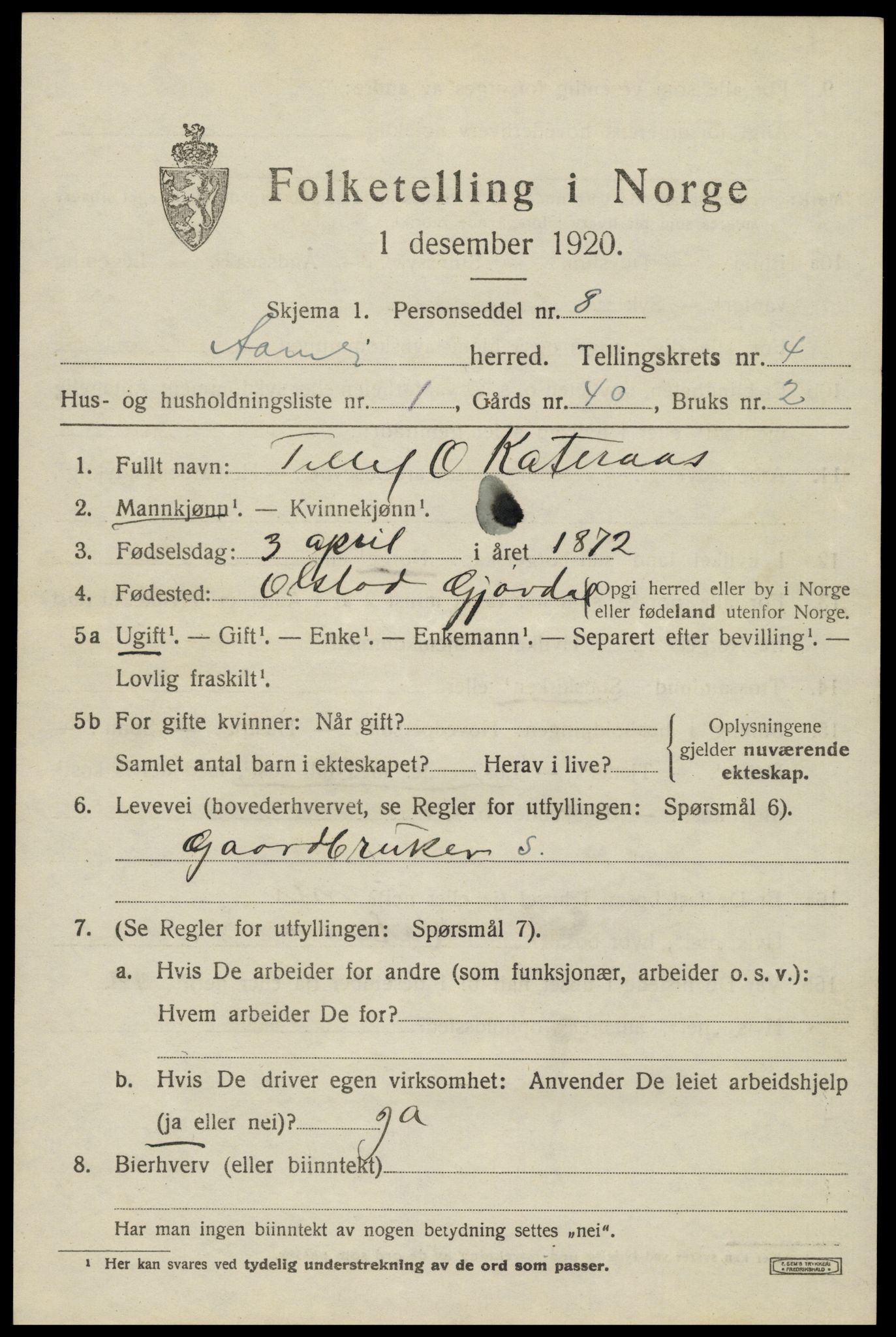 SAK, 1920 census for Åmli, 1920, p. 1865