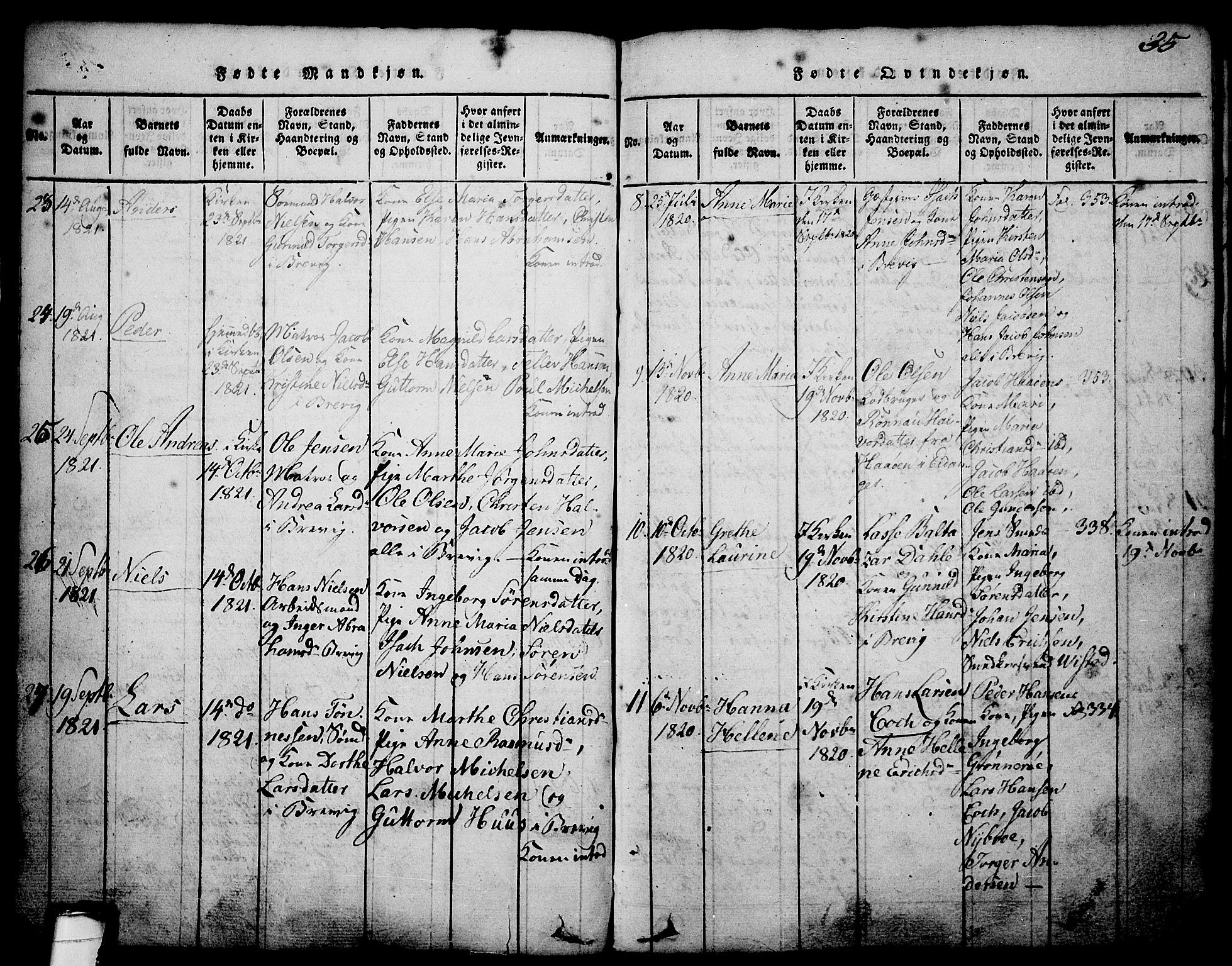 Brevik kirkebøker, AV/SAKO-A-255/G/Ga/L0001: Parish register (copy) no. 1, 1814-1845, p. 35