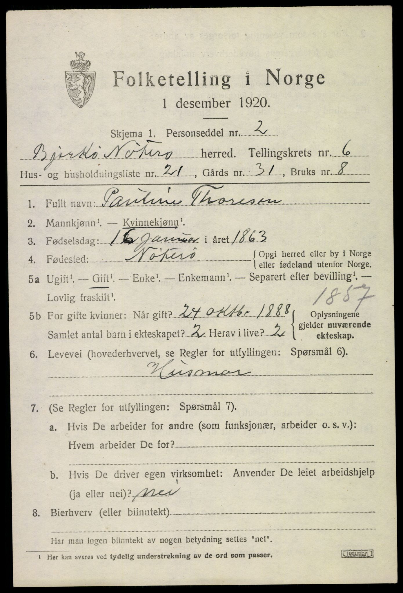 SAKO, 1920 census for Nøtterøy, 1920, p. 9465