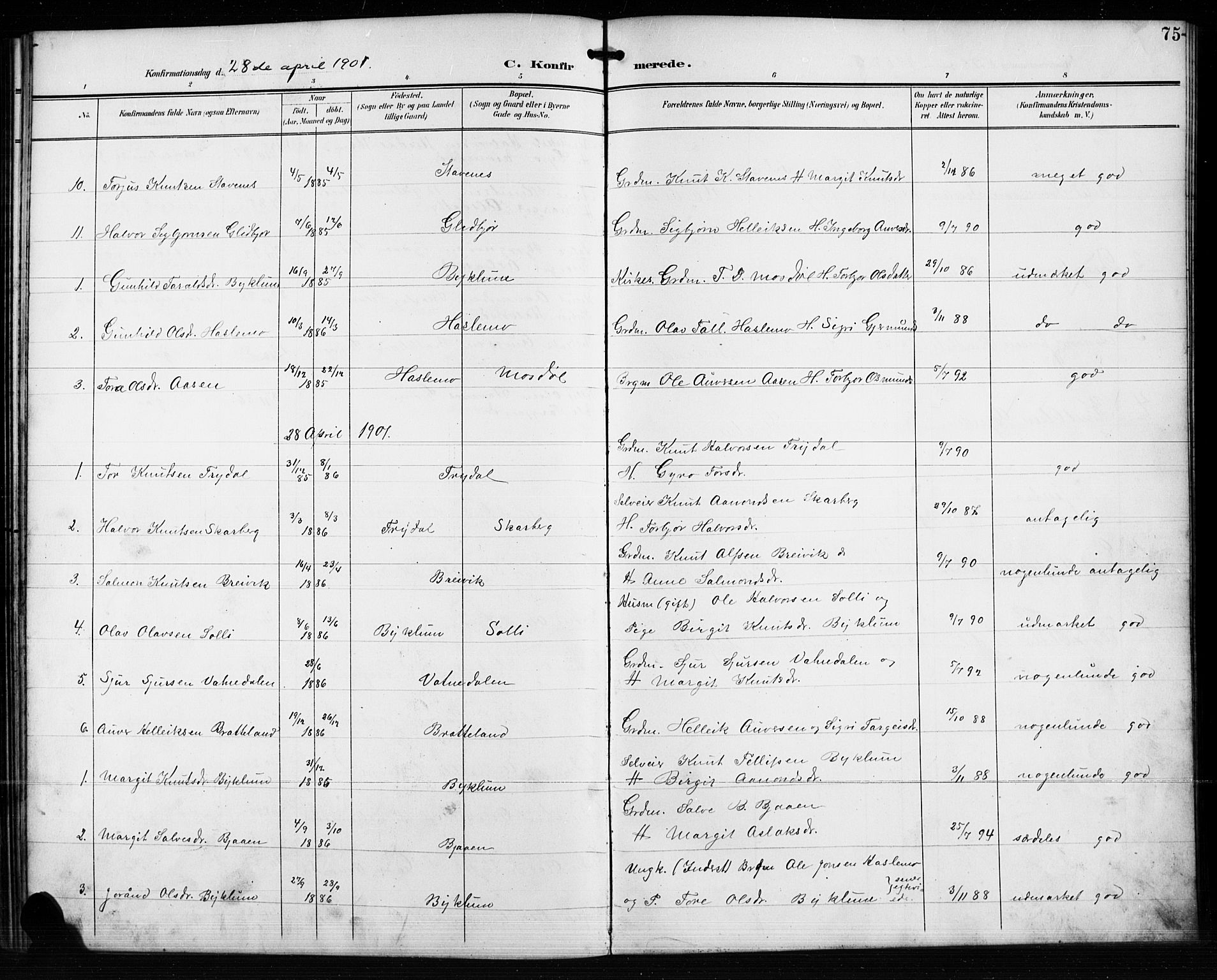 Valle sokneprestkontor, AV/SAK-1111-0044/F/Fb/Fba/L0003: Parish register (copy) no. B 3, 1895-1916, p. 75