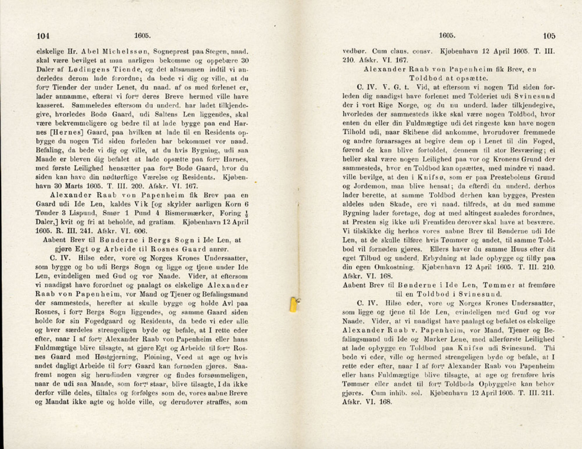 Publikasjoner utgitt av Det Norske Historiske Kildeskriftfond, PUBL/-/-/-: Norske Rigs-Registranter, bind 4, 1603-1618, p. 104-105