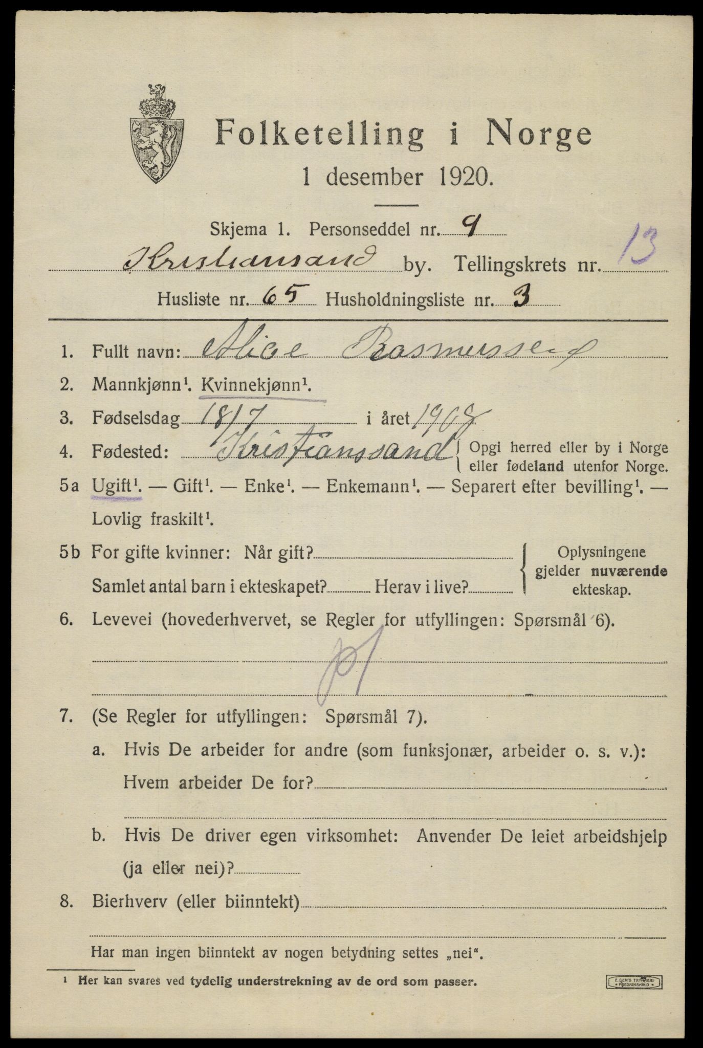 SAK, 1920 census for Kristiansand, 1920, p. 28467