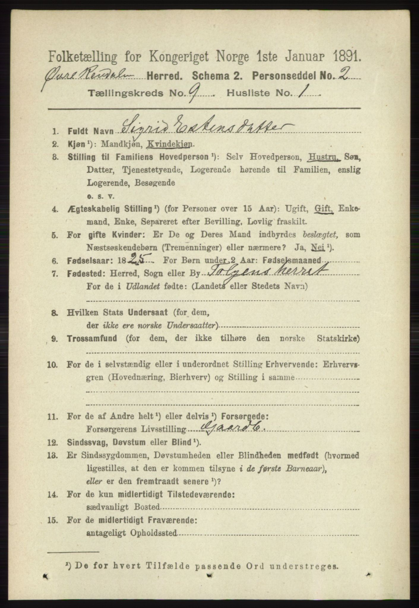 RA, 1891 census for 0433 Øvre Rendal, 1891, p. 2191