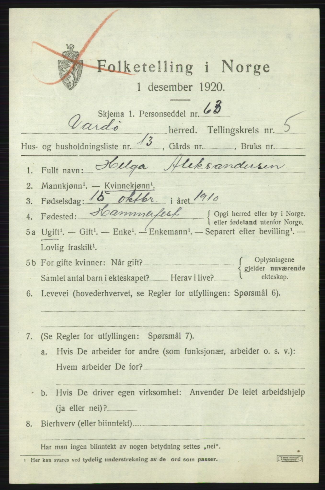SATØ, 1920 census for Vardø rural district, 1920, p. 2712