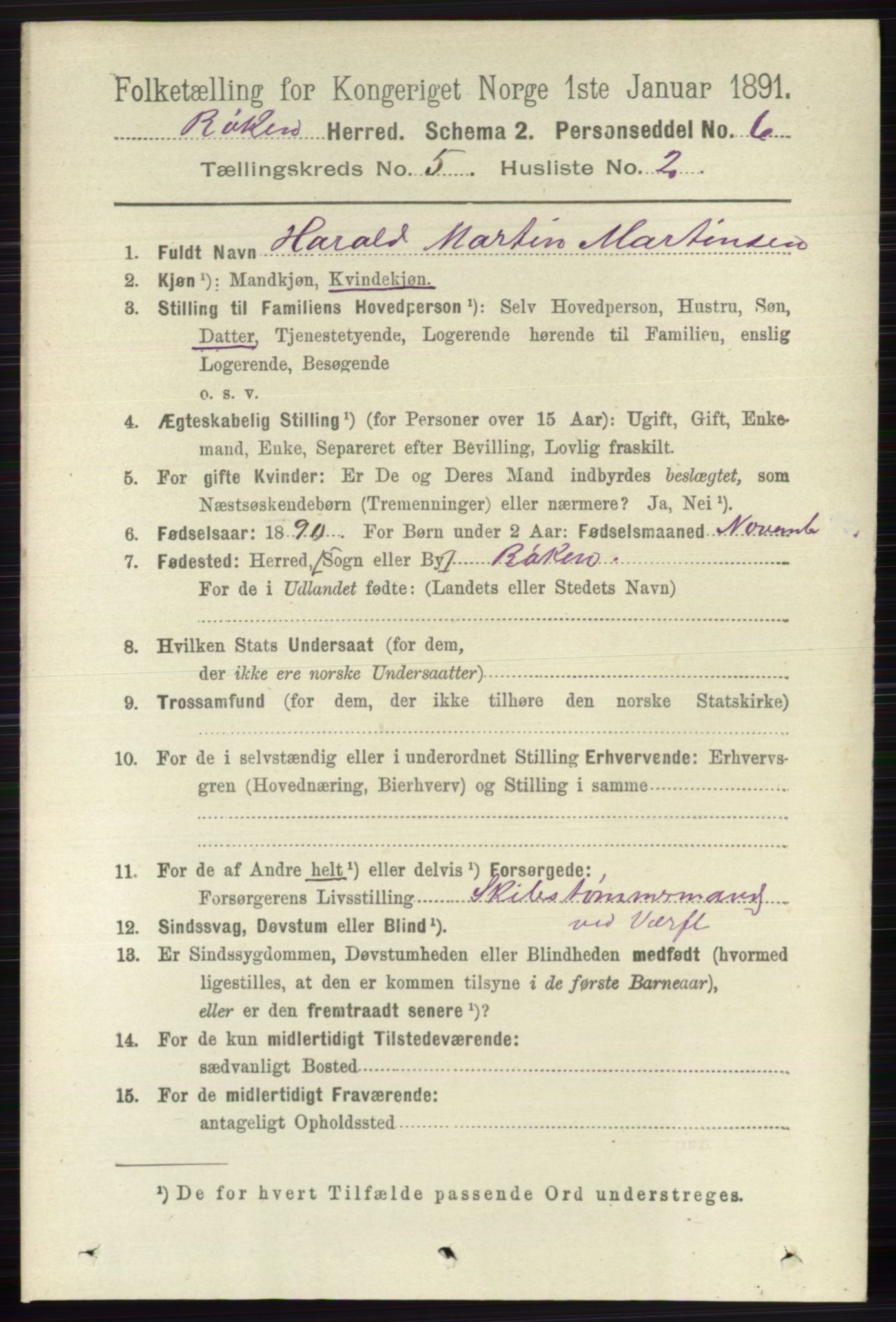 RA, 1891 census for 0627 Røyken, 1891, p. 2899