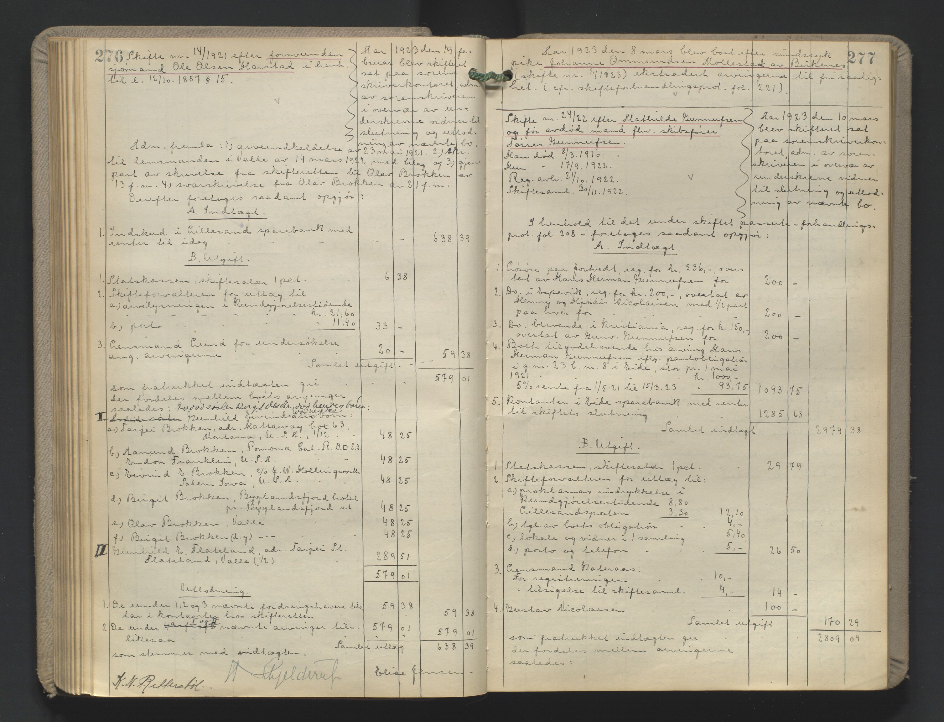 Vestre Nedenes/Sand sorenskriveri, AV/SAK-1221-0010/H/Hc/L0022: Skifteutlodningsprotokoll nr. 9, 1919-1932, p. 276-277