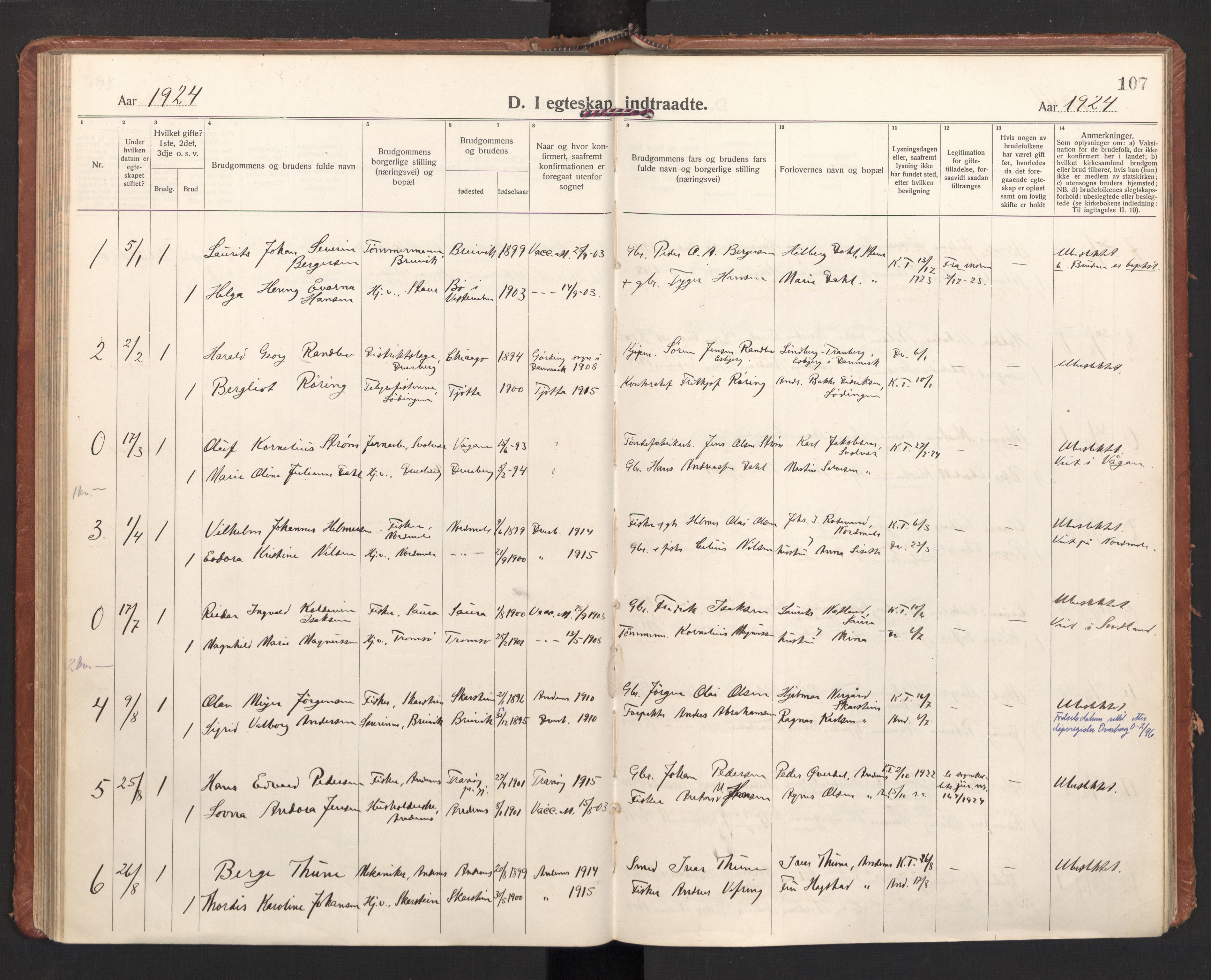 Ministerialprotokoller, klokkerbøker og fødselsregistre - Nordland, SAT/A-1459/897/L1408: Parish register (official) no. 897A15, 1922-1938, p. 107