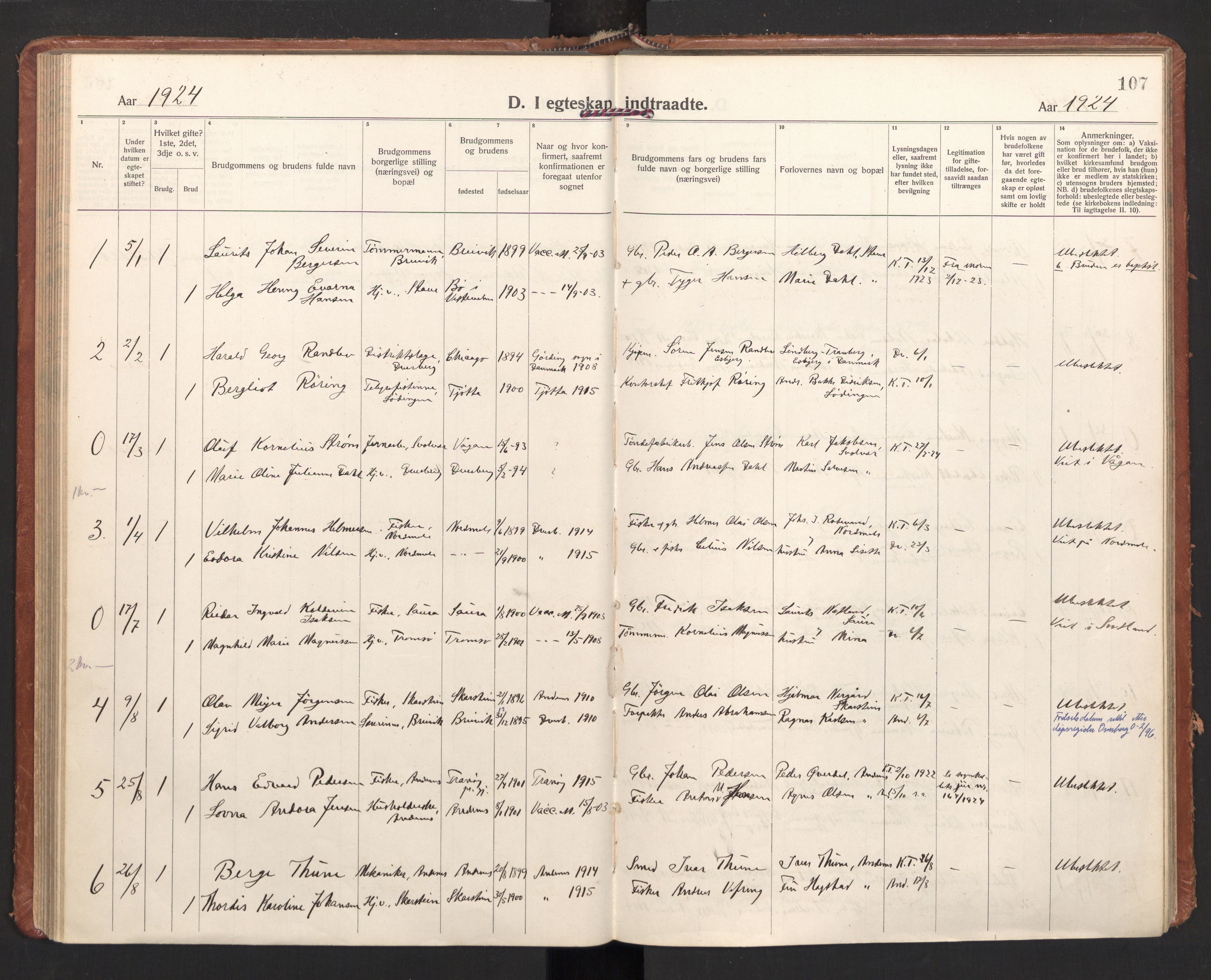 Ministerialprotokoller, klokkerbøker og fødselsregistre - Nordland, AV/SAT-A-1459/897/L1408: Parish register (official) no. 897A15, 1922-1938, p. 107