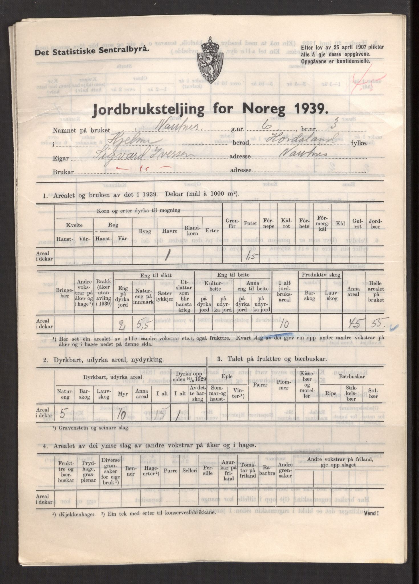 Statistisk sentralbyrå, Næringsøkonomiske emner, Jordbruk, skogbruk, jakt, fiske og fangst, AV/RA-S-2234/G/Gb/L0211: Hordaland: Herdla, Hjelme og Manger, 1939, p. 1191