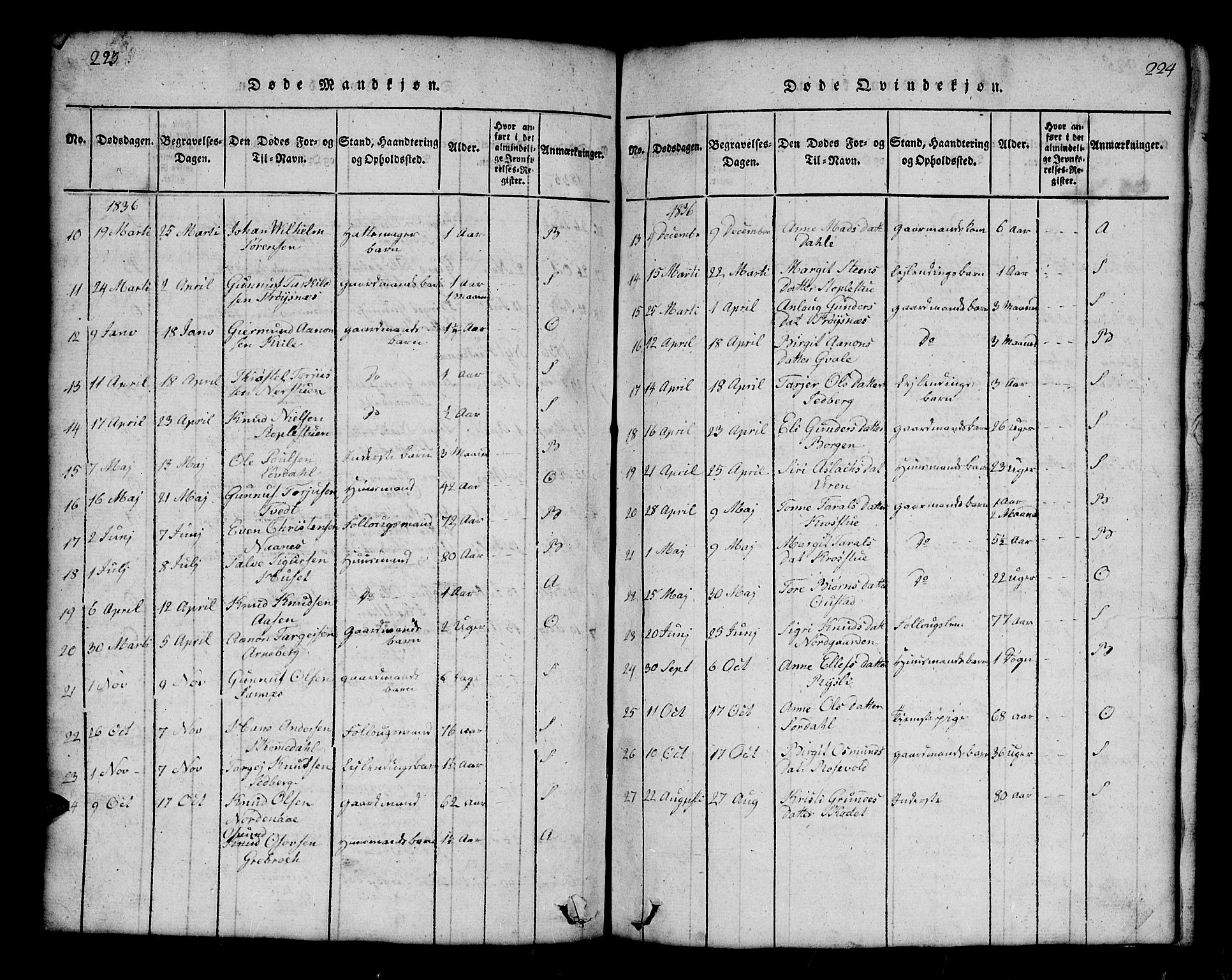 Bygland sokneprestkontor, AV/SAK-1111-0006/F/Fb/Fbb/L0001: Parish register (copy) no. B 1, 1816-1843, p. 224-225