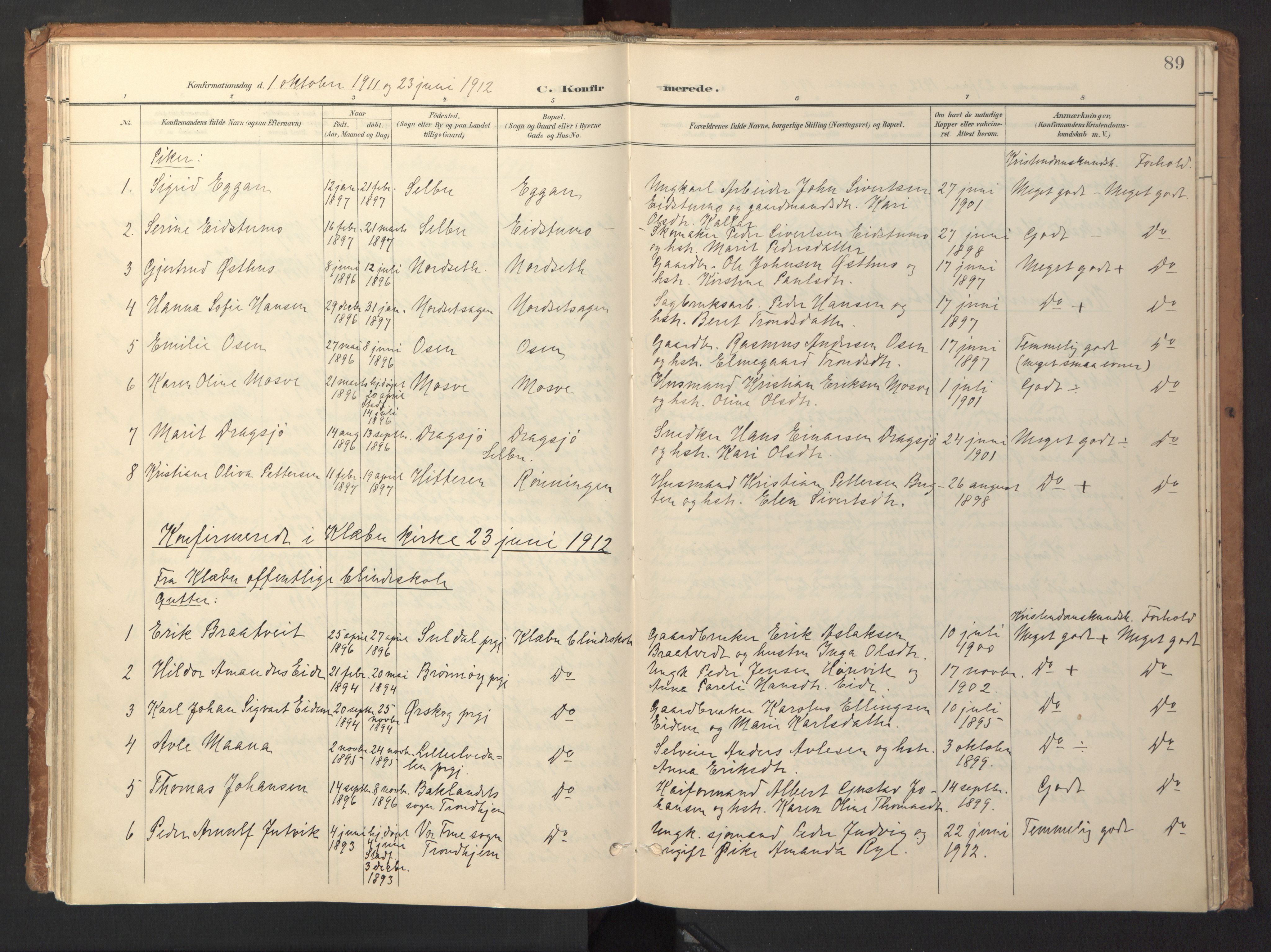 Ministerialprotokoller, klokkerbøker og fødselsregistre - Sør-Trøndelag, SAT/A-1456/618/L0448: Parish register (official) no. 618A11, 1898-1916, p. 89