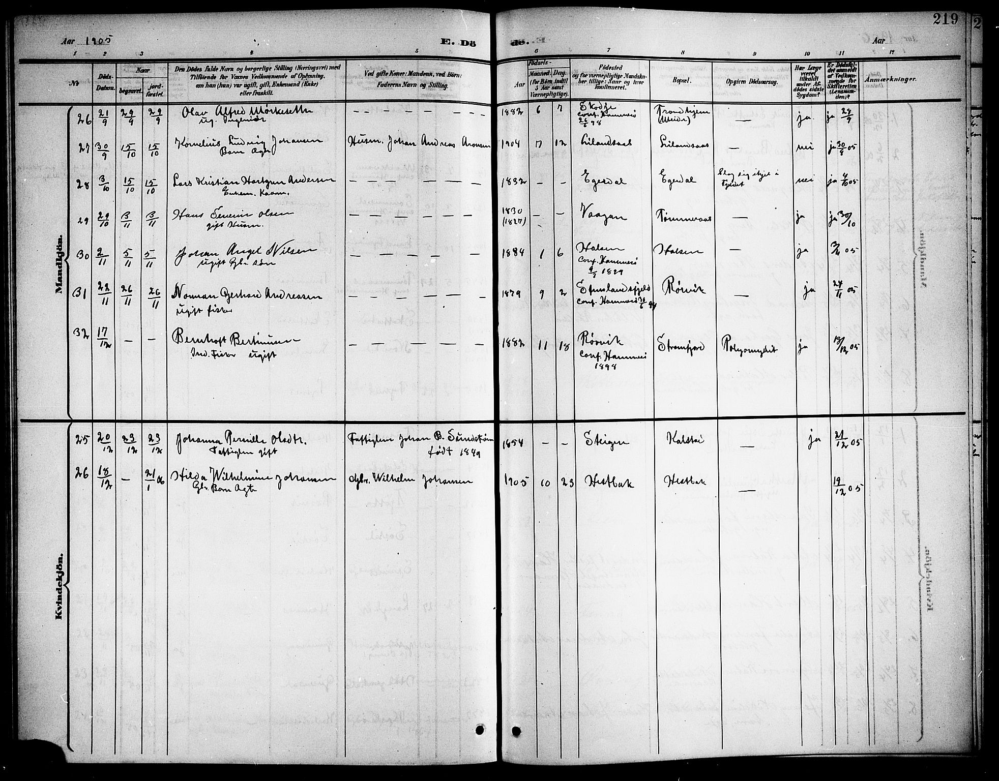 Ministerialprotokoller, klokkerbøker og fødselsregistre - Nordland, AV/SAT-A-1459/859/L0860: Parish register (copy) no. 859C06, 1899-1909, p. 219