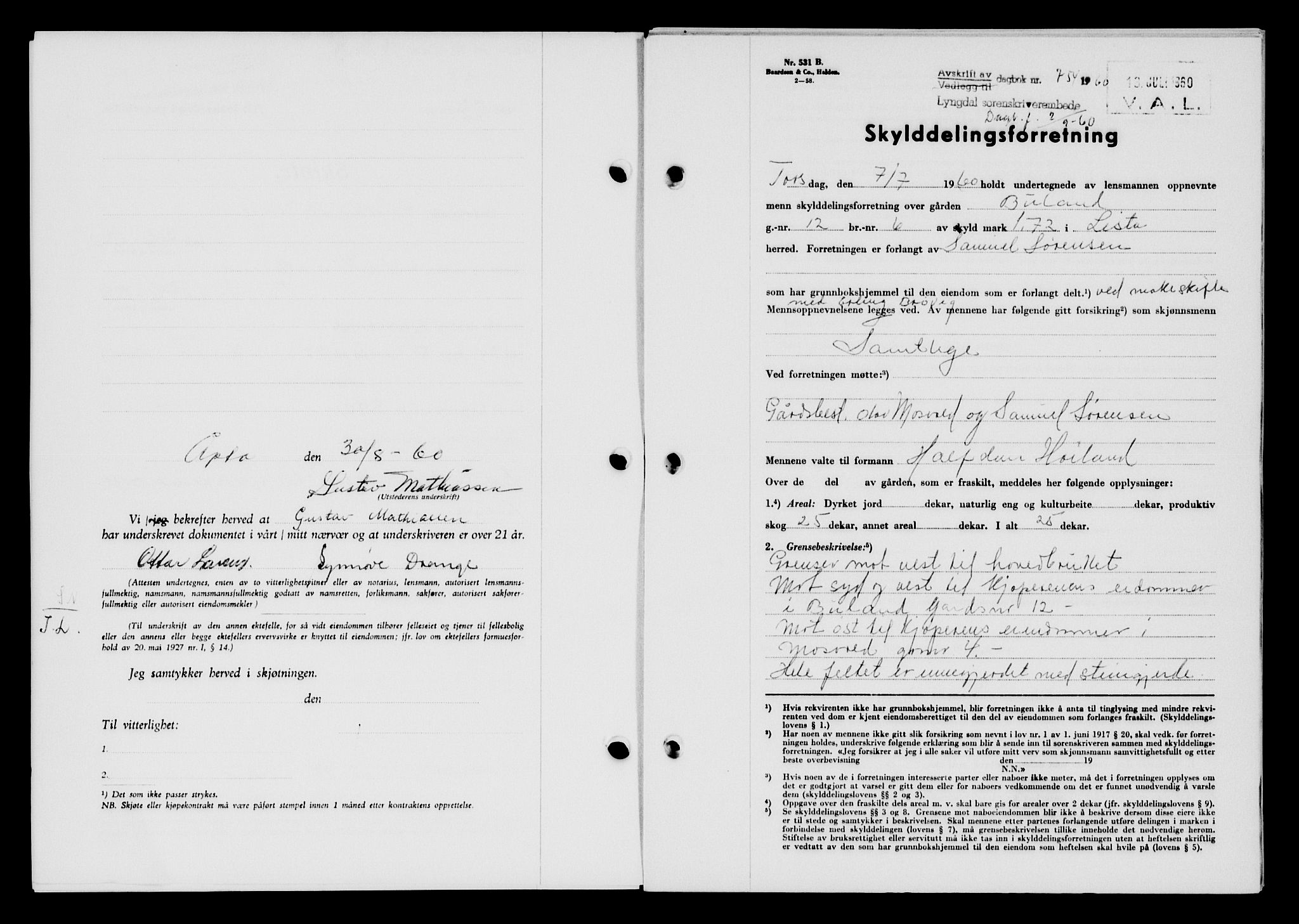 Lyngdal sorenskriveri, AV/SAK-1221-0004/G/Gb/L0680: Mortgage book no. A XXVI, 1960-1960, Diary no: : 754/1960