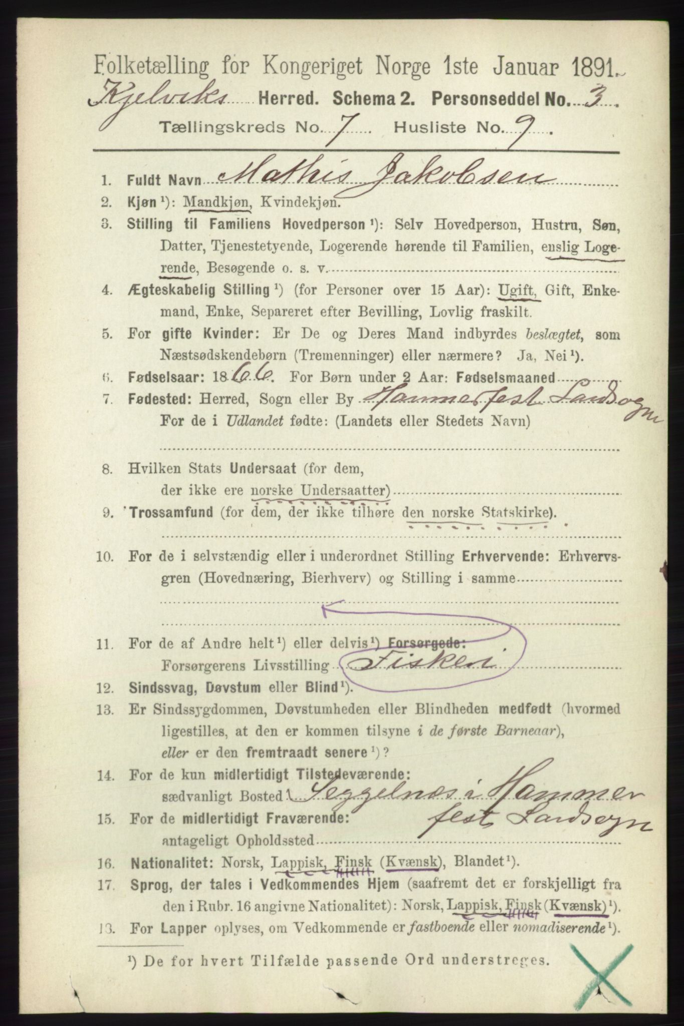 RA, 1891 census for 2019 Kjelvik, 1891, p. 954